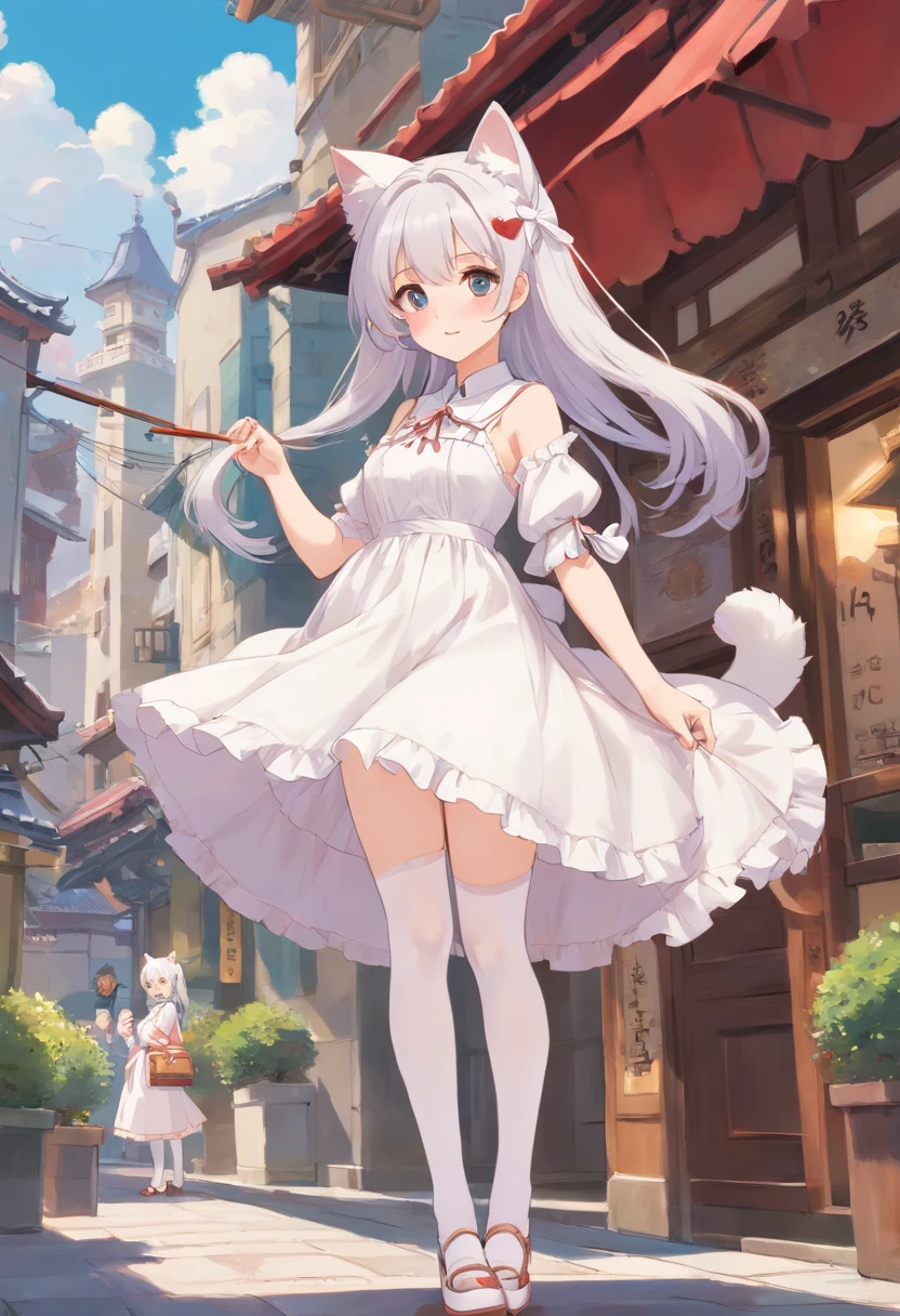 No shoes,Stand barefoot,Masterpiece,long whitr hair,extremely hyper,A giantess,In the city,Full limbs,Huge maiden,The face is delicate,White color hair,Double ponytail curls,blue color eyes,White Lolita,Long-range shots,white stockings,There are cat ears on the head, white dresses, silber hair, cute anime waifu in a nice dress, Plump,cute big breasts,Chopstick legs,The calves are slender