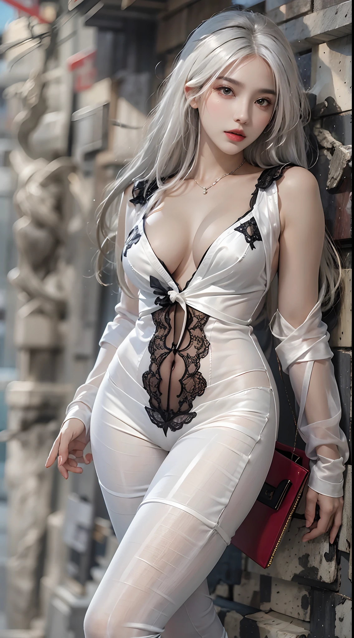 Photorealistic, high resolution, 1 Women, Solo, Hips up, view the viewer, (Detailed face), White hair, Black lace bodysuit
