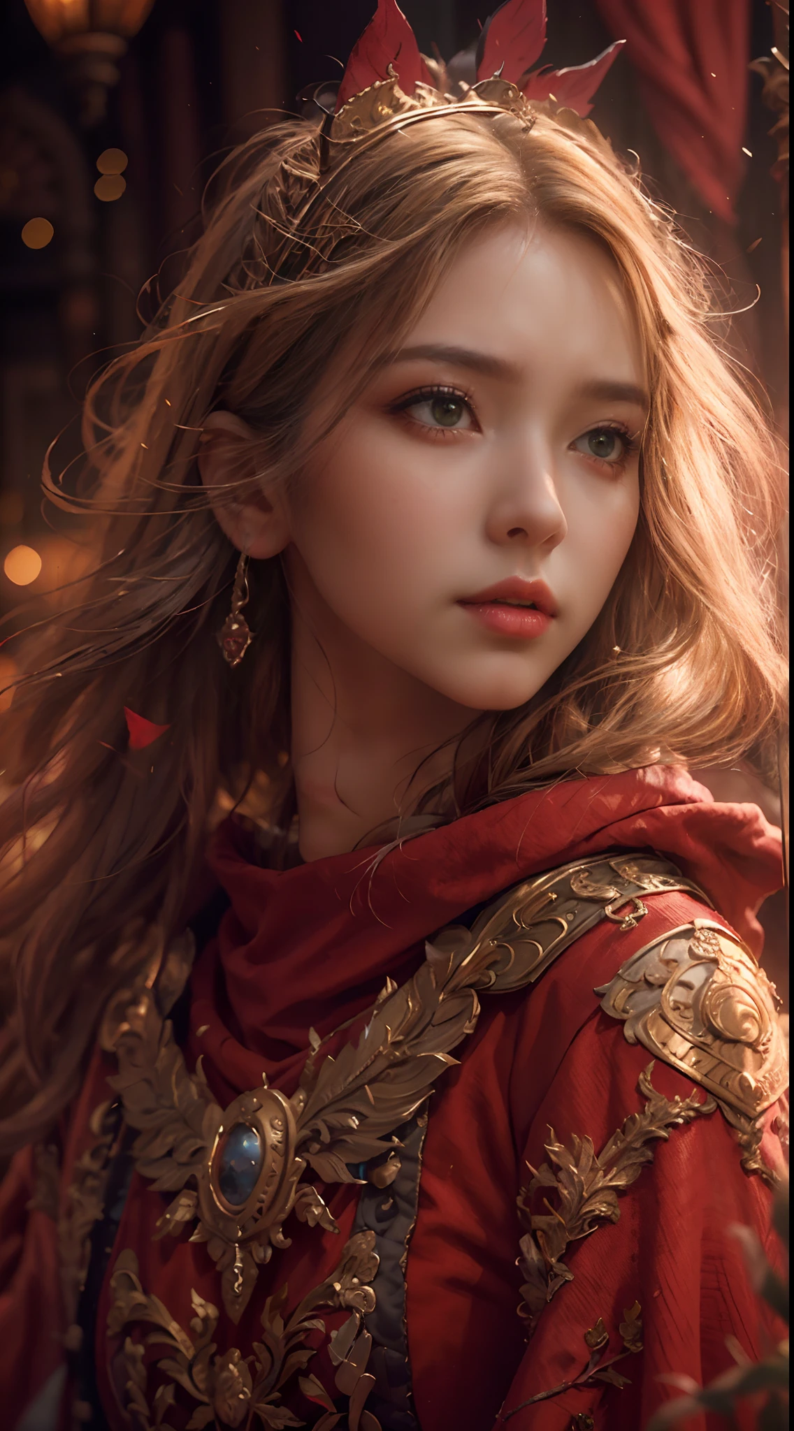 ((Masterpiece))), ((Best Quality))), ((Ultra Detailed)), (Surreal), (Highly Detailed CG Illustration), Cinematic Light, Realistic, Very Beautiful Young Lady,Sexy, Light Makeup,, Intricate Details EABA, Red Cloak, Spear
