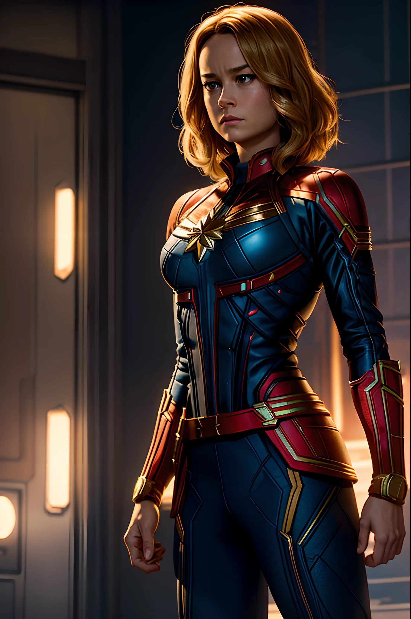 Brie Larson Captain Marvel marvel ,Bodybuilder, super strong, muscular, ABS, in background galaxy35mm lens, photography, ultra details, HDR, UHD,8K