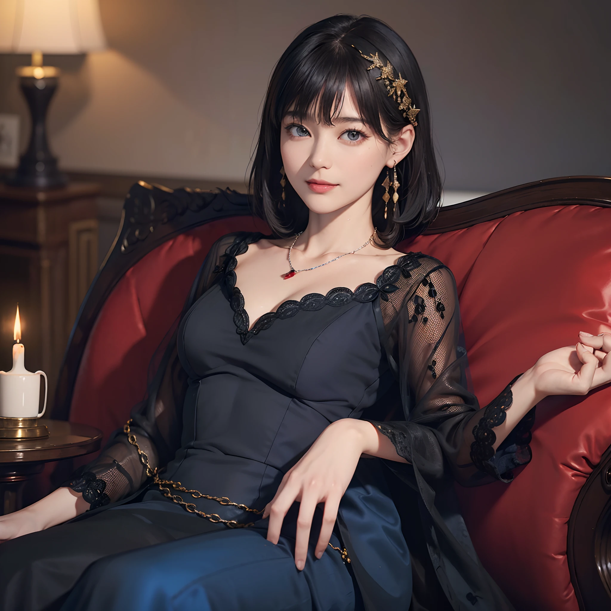 ((1womanl)),  (((Black Shorthair))), （masuter piece：1,2）、top-quality、​masterpiece、hight resolution、Original、highly detailed wallpaper、dress code、Luxurious necklace, A slight smil、a small face、(Breast)、(Red or blue dress)、Live-action style