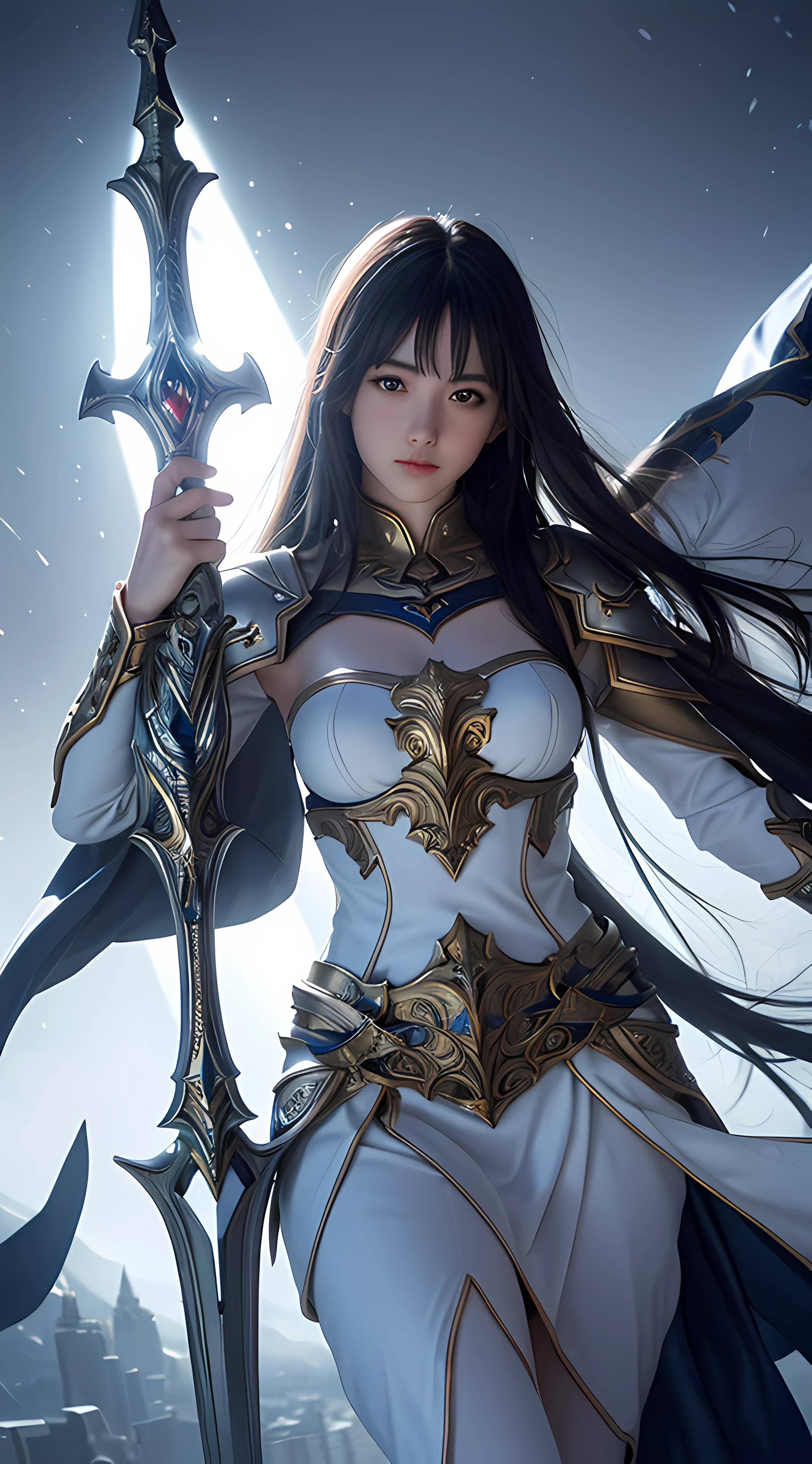 "An awe-inspiring paladin wielding a sword imbued with radiant light, emanating potent light magic. The scene is set in a dark and mysterious cityscape, illuminated by the glow of the paladin's sword. The composition is expertly crafted, with breathtaking attention to detail and cinematic lighting. The overall aesthetic is reminiscent of Fujifilm photography, capturing the beauty and depth of the scene."