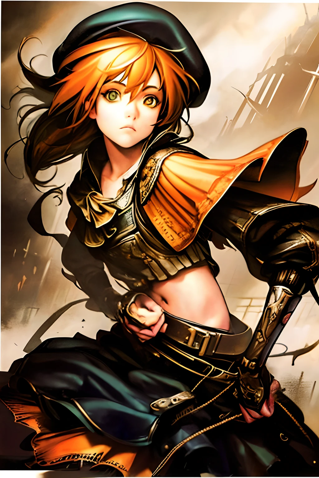 （Game King Card:1.5, rotational symmetry),Stephen Gammell,(cowboy shot), 1 teen girl, scout, beret, orange hair (Very detailed, reasonable design, Clear lines, High sharpness,best quality, masterpiece, 4K, minimalist compositions, colorful, conceptual digital art