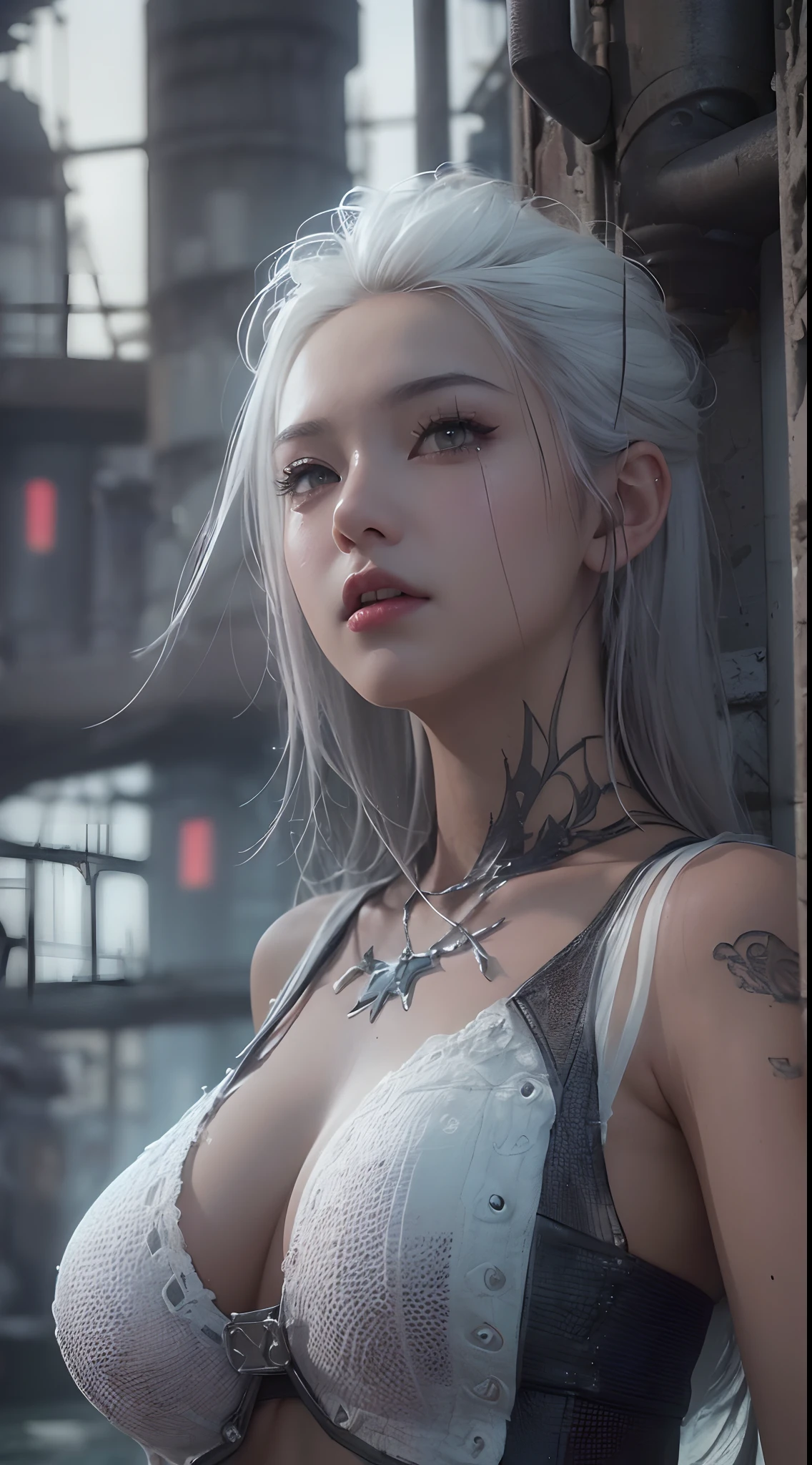 (Best Quality), ((masutepiece),。.3D, A Beautiful Cyberpunk Woman, 18year old、Sheer breast、(full body Esbian)、sideways Facing、Industrial Zone、((Dim Ruins))、scrap iron、Rusted pipes、Air Fortress、Flooding below the knee、Water leaks from buildings、White and turbid water、Dramatic poses、nffsw (High dynamic range), Ray tracing, NVIDIA RTX, Hyper-Resolution, Unreal 5, Subsurface scattering, PBR Textures, Post-processing, Anisotropy Filtering, depth of fields, Maximum Sharpness and Clarity, Multilayer Texture, Albedo and Highlight Maps, Surface Shading, accurate simulation of light and material interactions, Perfect proportions, Octane Render,  Large aperture, Low ISO, White Balance, thirds rule, 8K Raw, White hair, Eyelashes, Black eyes、greys、grayscales、(Aori、wide-angle lens)