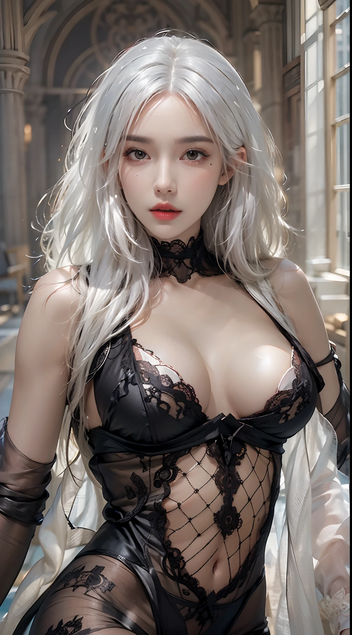 Photorealistic, high resolution, 1 Women, Solo, Hips up, view the viewer, (Detailed face), White hair, Black lace bodysuit