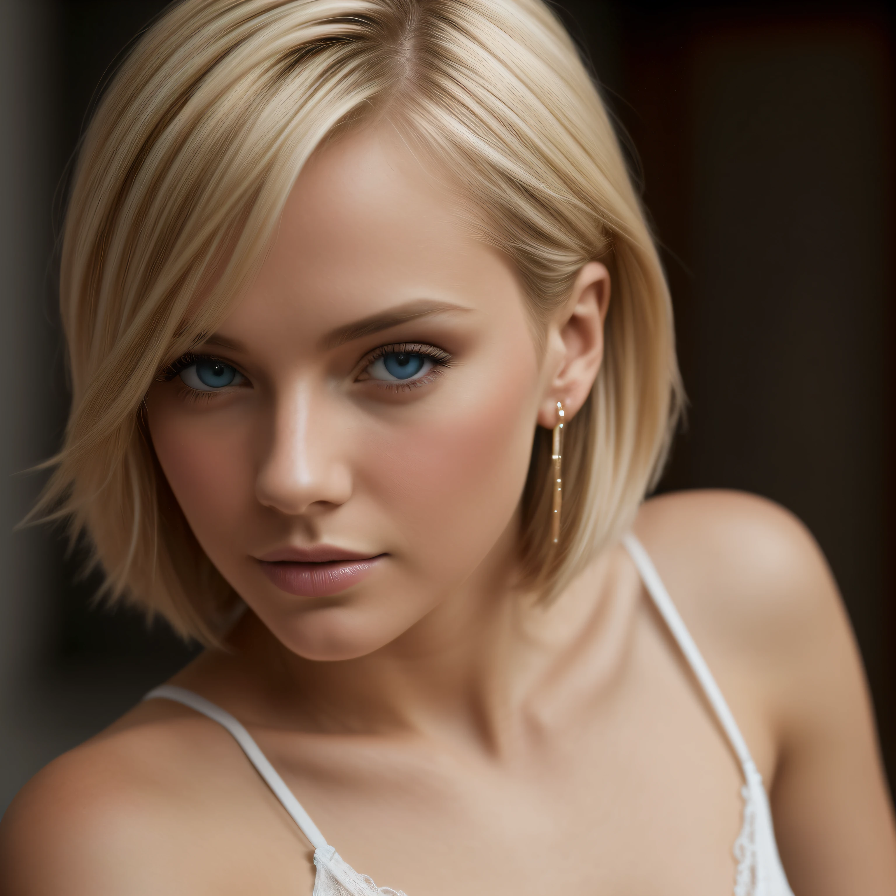 Slender, young, short blonde hair, blue eyes, in town, natural skin texture, 24mm, 4K textures, soft cinematic light, RAW photography, photorealistic, photorealistic, complex, elegant, highly detailed, sharp focus, (((cinematic look))), calm Tone, Insane Detail, Complex Detail, Ultra Detail, High Contrast, Soft Cinematic Light, Dim Colors, Exposure Blending, HDR, Faded, Cold, Waist Thin, Well-Proportioned, (8k, 4k, Top Quality, Hi-Res: 1.1), (Realistic, Photorealistic: 1.1), Girl 1 People, Solo, Blonde Hair, Bangs, Long Hair, Earrings, Lips, Eye Shadow, Jewelry, (Viewer Looking For: 1.8), Spaghetti Straps, Detail, High Contrast, from_side, srfc, stunning complex full color full body, wearing white sexy lingerie, spectacular character composition