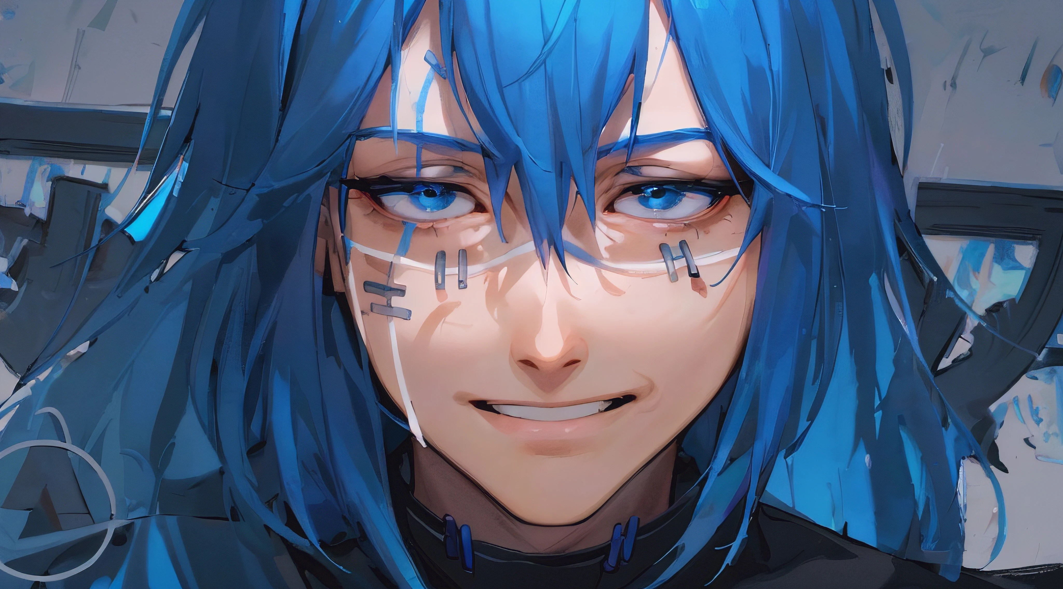 (masterpiece:1.2, best quality), (finely detailed beautiful eyes: 1.2),1man, 1boy, (extremely detailed CG unity 8k wallpaper, masterpiece, best quality, ultra-detailed, best shadow), (beautiful detailed face, beautiful detailed eyes), mahito, jujutsu kaisen (japanese clothes:1.1, black eyes, blue hair, (best illumination, an extremely delicate and beautiful), mahito, black tshirt, blue hair, detailed hair, detailed eye, scar on face, blue hair, black tshirt, smile in face