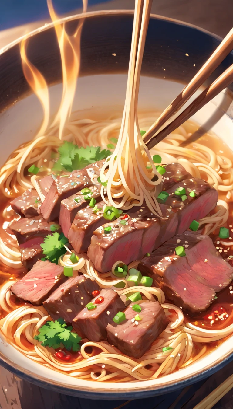 Delicious and tempting beef noodles,The noodles held with chopsticks are fragrant。The illustration has a couple of little beef grains and chopped green onions, a lot of chili seeds