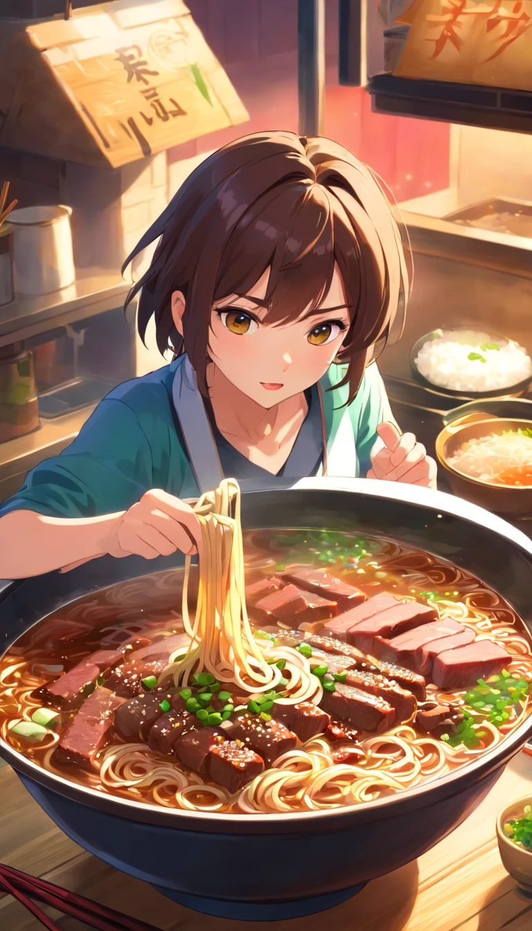 Delicious and tempting beef noodles，The noodles held with chopsticks are fragrant。The illustration has a couple of little beef grains and chopped green onions, a lot of chili seeds