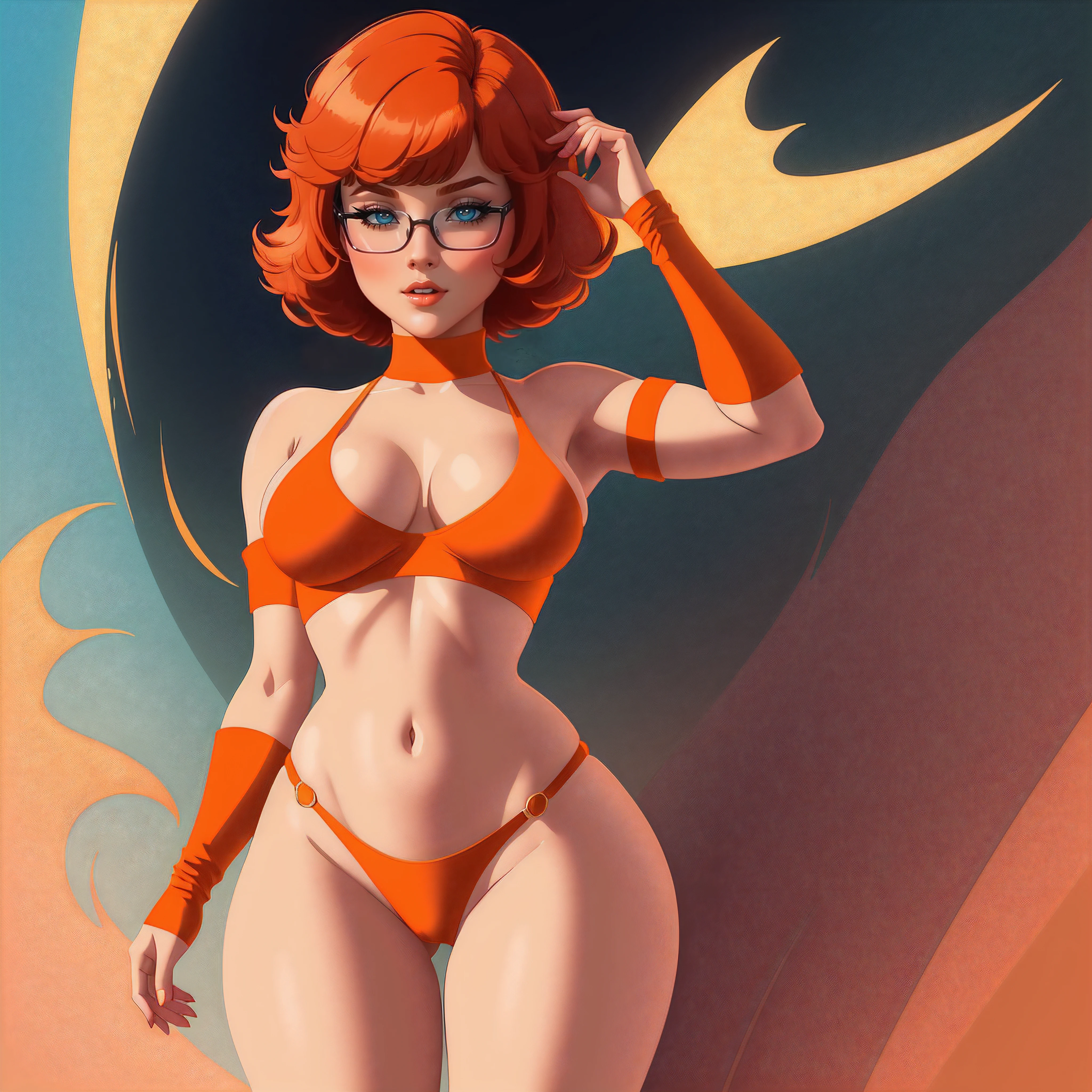 STICKER, A detailed illustration of a vivid Sexy Velma Dinkley from Scooby Doo naked, bare breasts, face view, ass view, side by side, orange thong, Solo Female, medium breasts, full cleavage, Full Body View, orange high heeled boots, soft nipples, hands behind her back, vintage t-shirt design, in the style of hand drawing, 3D vector art, fantasy art, watercolour effect, Adobe Illustrator, hand-drawn, digital painting, low-poly, soft lighting, isometric style, retro aesthetic, focused on the character, 8K, Best Quality, Masterpiece, Beautiful Eyes and Face Details
