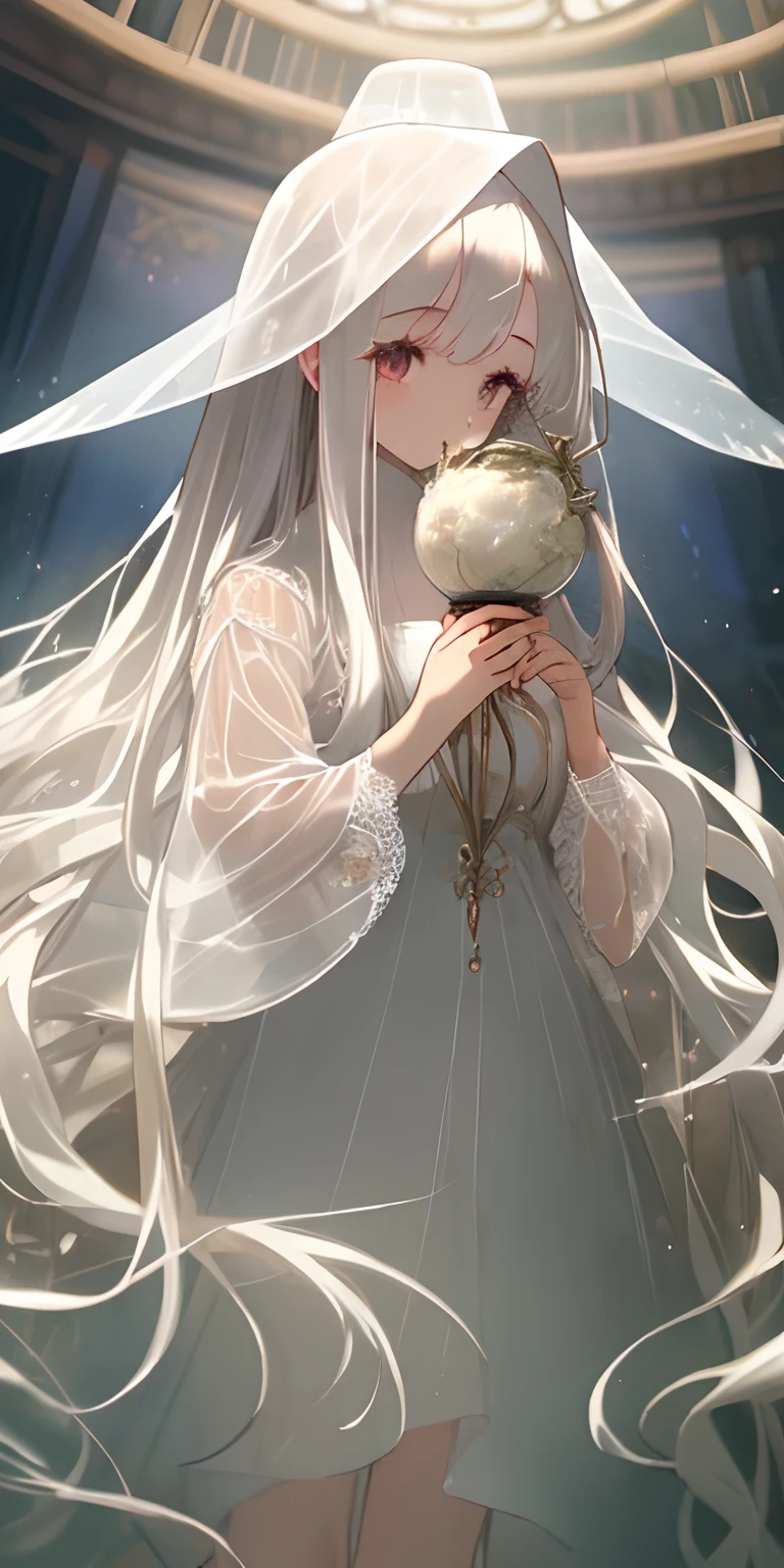 (masterpiece、top-quality)、1 girl with long white hair、see-through white dress