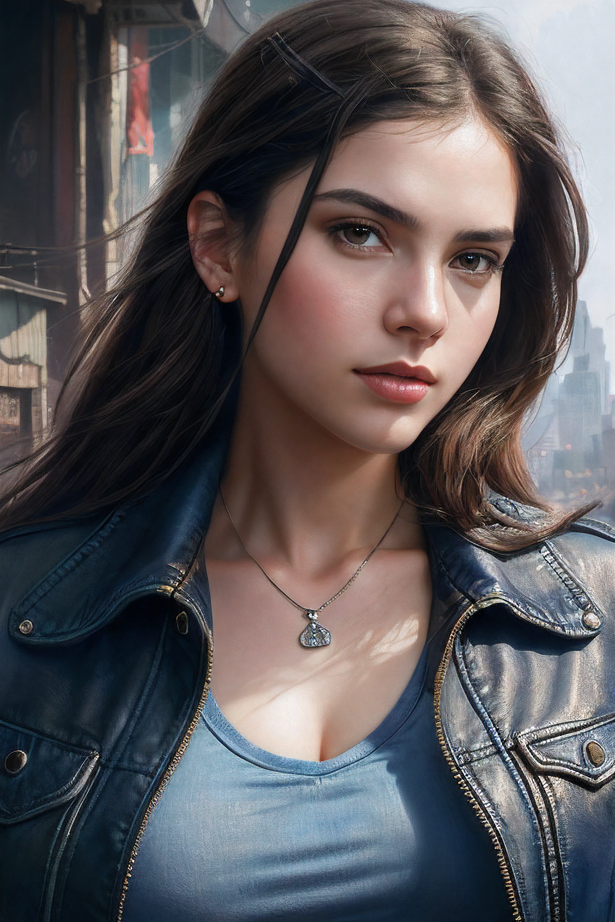 photo of extremely sexy (AM190_Brigitte:0.99), a woman as a sexy student, ((closeup portrait:1.3)), modelshoot style, (extremely detailed CG unity 8k wallpaper), photo of the most beautiful artwork in the world, professional majestic oil painting by Ed Blinkey, Atey Ghailan, Studio Ghibli, by Jeremy Mann, Greg Manchess, Antonio Moro, trending on ArtStation, trending on CGSociety, Intricate, High Detail, Sharp focus, dramatic, photorealistic painting art by midjourney and greg rutkowski, (blue t-shirt:1.2), (leather jacket), (jeans), ((city slums)), (looking at viewer:1.2), (detailed pupils:1.3),