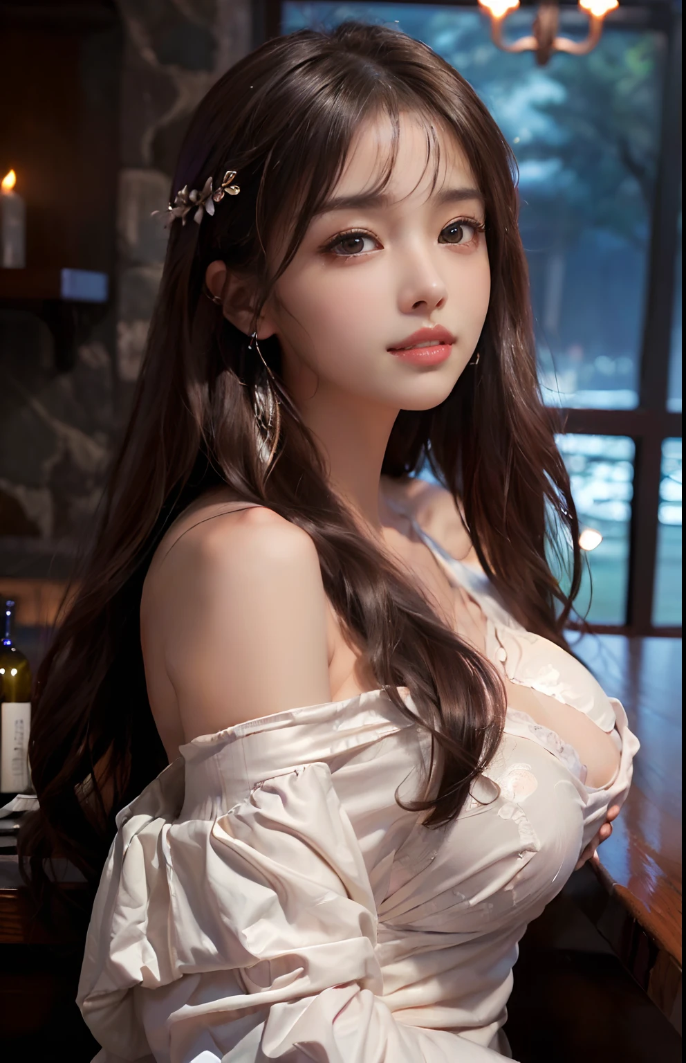 (A hyper-realistic)、(illustratio)、(hight resolution)、(8K)、(ighly detailed)、(Best Illustration)、(beautifully detailed eyes)、(top-quality)、(ultra-detailliert)、(​masterpiece)、(wall-paper）、（A detailed face）、独奏、1 girl in、full body Esbian、gazing at viewer、Fine eyes and mouth、A detailed face、a bar counter、in the darkness nigth、lowkey、pureerosfaceace_v1、A smile、long、Dark blonde straight hair、bangss、Sea view、Beautiful teeth alignment、Blushing cheeks、Enraptured look、Complex off-the-shoulder clothing、(爆乳:1.4)