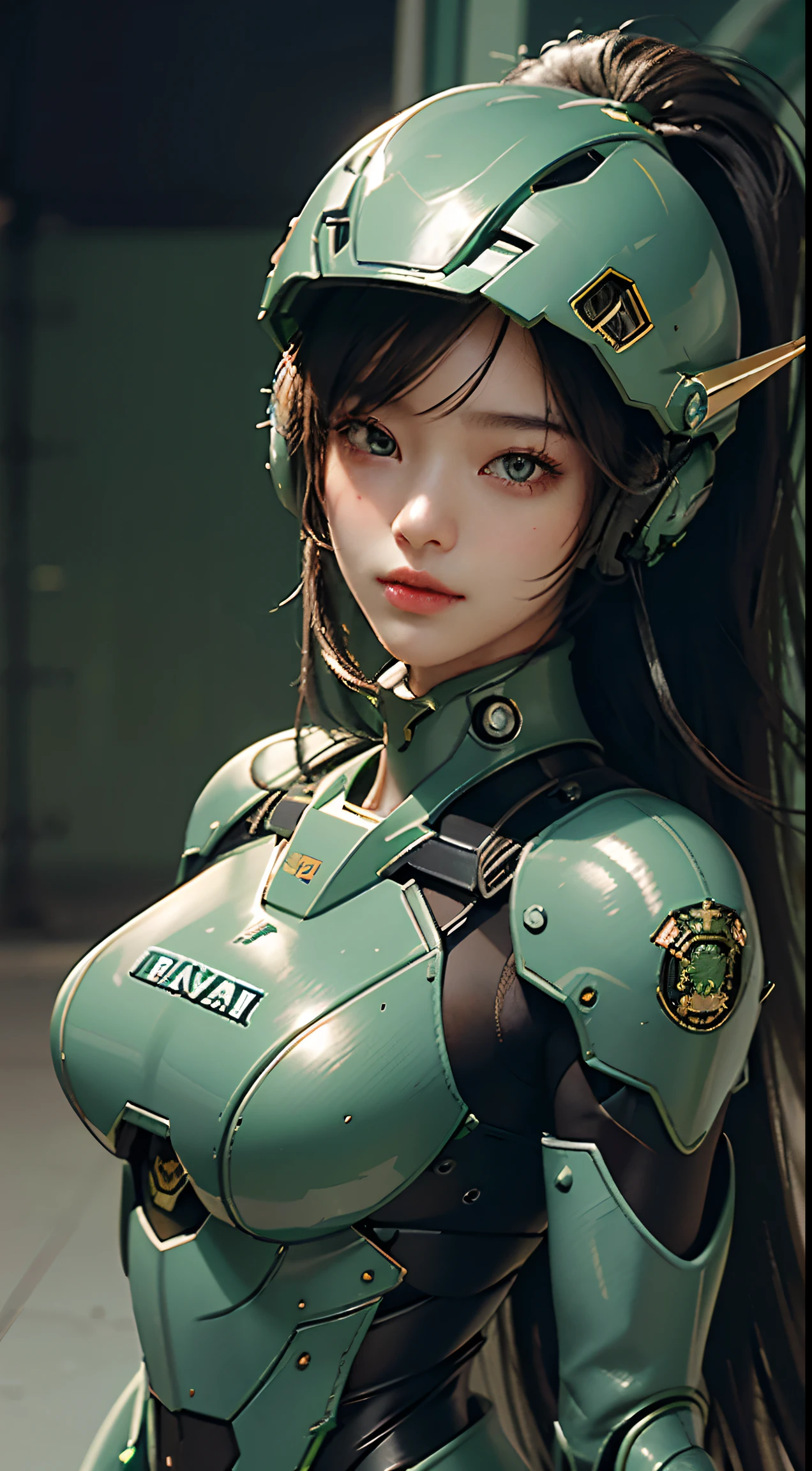 Highest image quality, outstanding details, ultra-high resolution, (realism: 1.4), the best illustration, favor details, highly condensed 1girl, with a delicate and beautiful face, dressed in a black and green mecha, wearing a mecha helmet, tight attire, the background is a high-tech lighting scene of the future city.