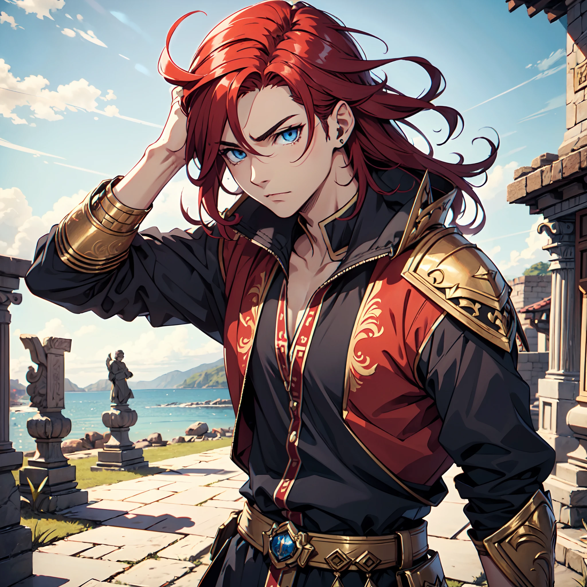 Ultra High Definition, Ultra High Quality, Extremely Detailed, Perfectly Detailed, Masterpiece, 8k, 1 Boy, Look A Like Xin From Kingdom Anime, Handsome, Equipped With Royal Knight Armor, Solid Light Blue Eyes, Long Red Hair, Body Shot, Ancient Kingdom Background