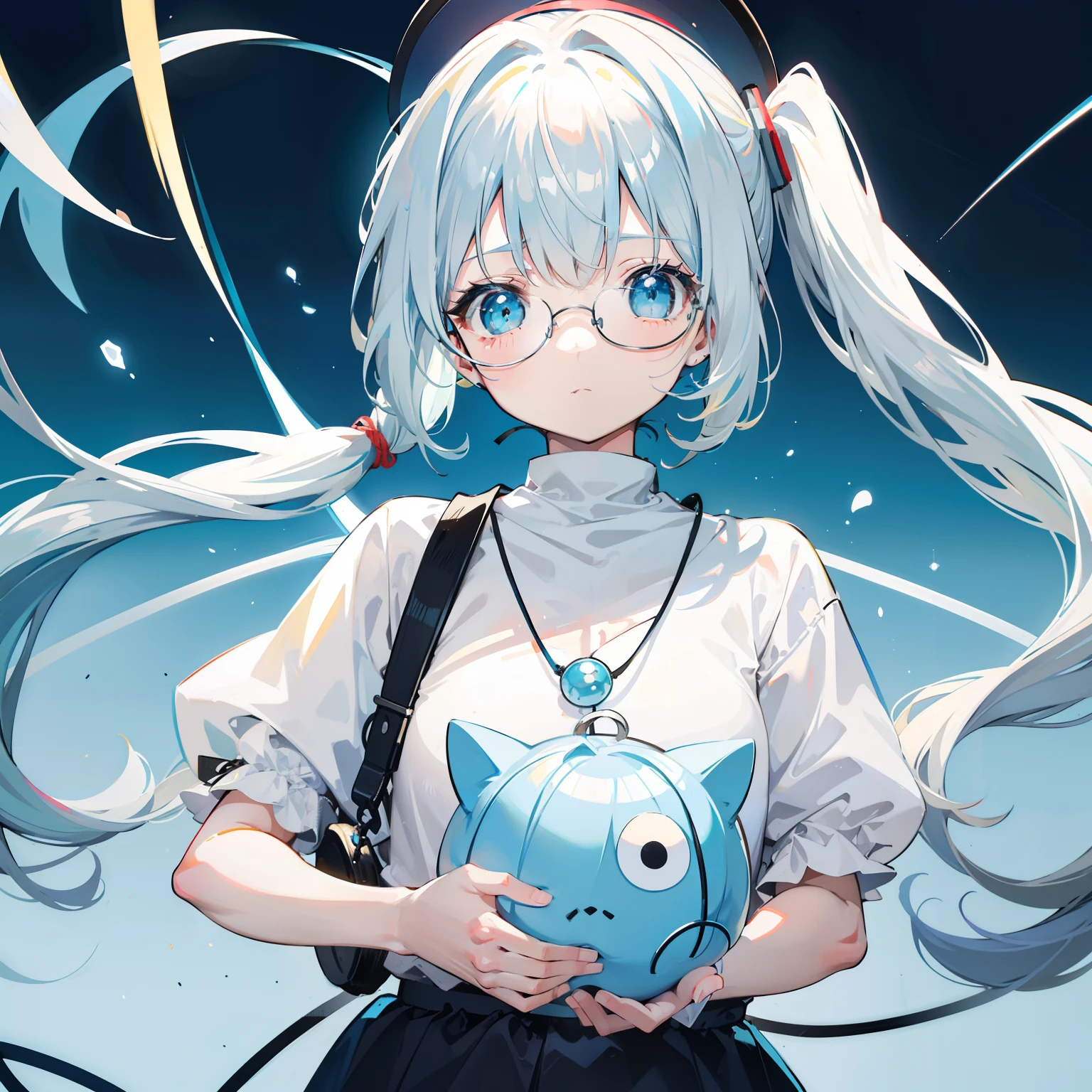 light blues，Light blond bangs，With a ponytail，With pigtails，The body is petite and tender，Very loli，Only very small，Black round glasses，Thick frame，Red rope pendant，Light yellow and blue children's clothing