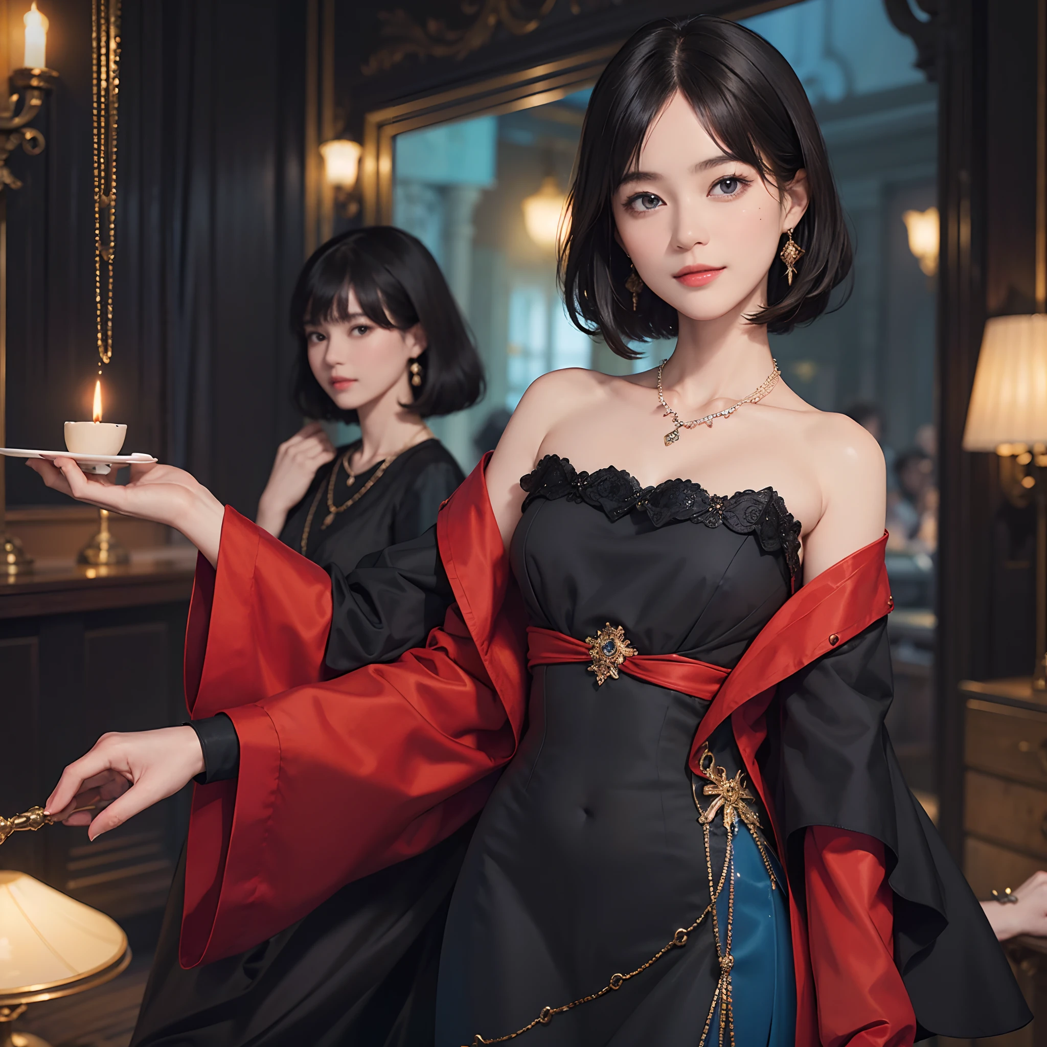 ((1womanl)), (((Black Shorthair))), (masuter piece:1,2)、top-quality、masterpiece、hight resolution、Original、highly detailed wallpaper、dress code、Luxurious necklace, A slight smil、a small face、(Breast)、(Red or blue dress)、Live-action style
