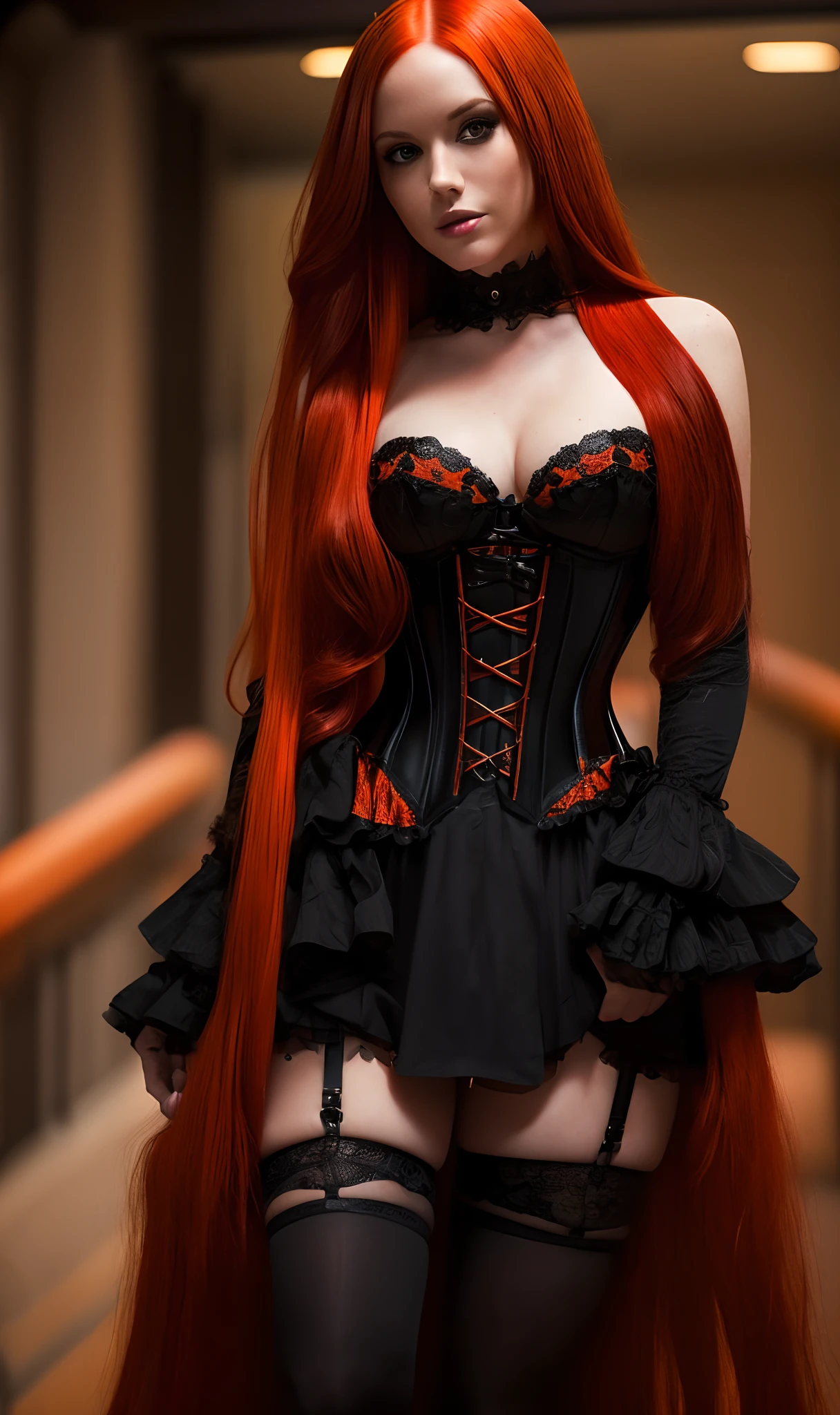 a woman with red hair wearing a black corset, tumblr, alexa grace, witchcore, she has long ((orange brown hair)), model woman,