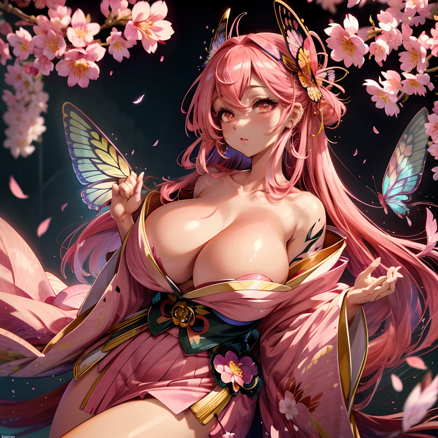 The most beautiful and sexy cherry blossom goddess, long beautiful pink hair, glowing white eyes, wearing the most beautiful and highly detailed kimono, witj butterfly wings, huge gigantic tits, cleavage showing, tons of tattoos and piercings, cherry blossoms and butterflies blowing in the wind, perfect masterpiece, high quality, high resolution