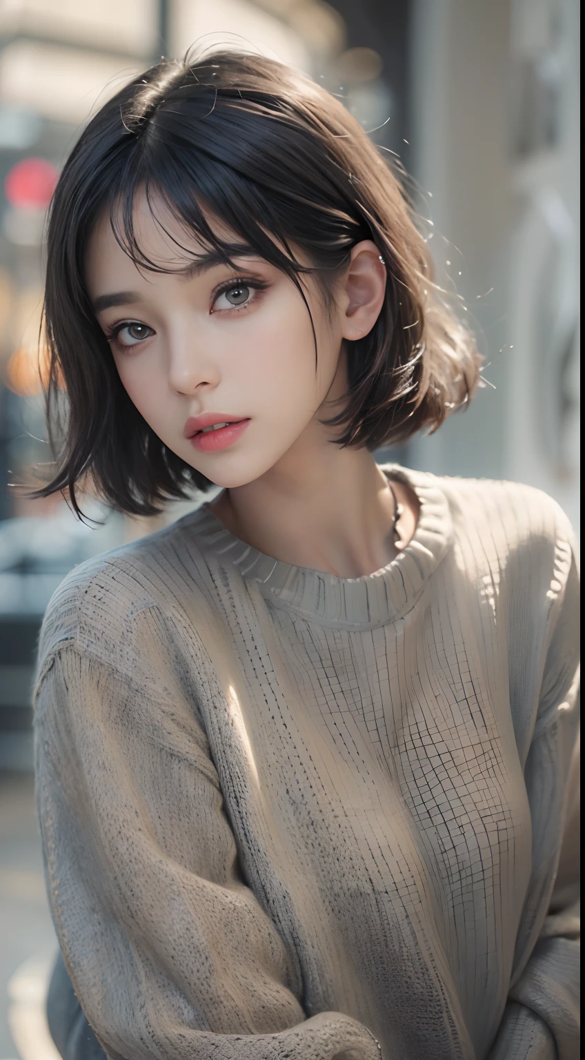 (masterpiece:1.3), (8k, photorealistic, RAW photo, best quality: 1.4), (1girl), beautiful face, (realistic face), (black hair, short hair:1.3), beautiful hairstyle, realistic eyes, beautiful detailed eyes, (realistic skin), beautiful skin, (sweater), absurdres, attractive, ultra high res, ultra realistic, highly detailed, golden ratio