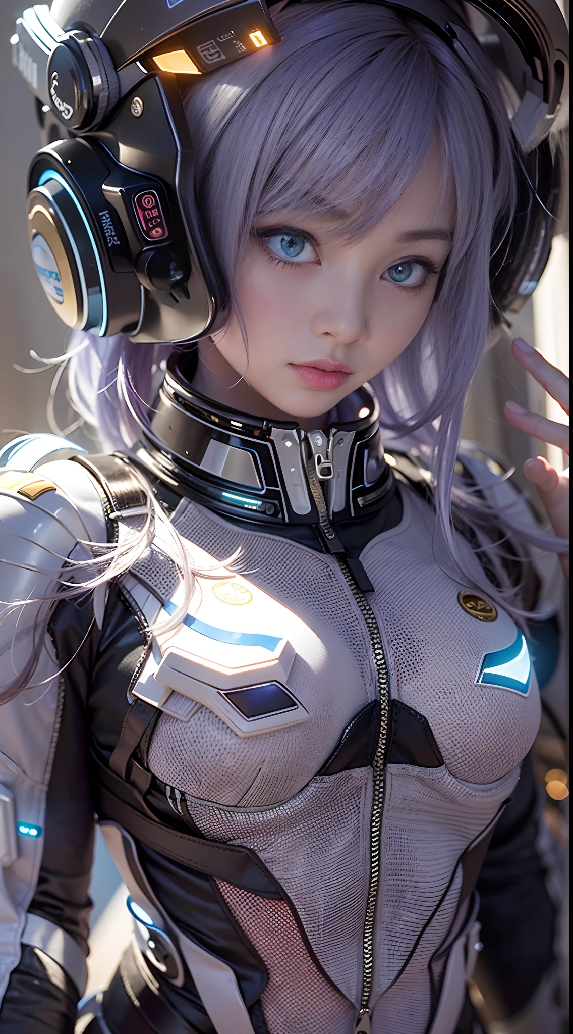 ((Masterpiece)), best quality, absurderes, ultra detailed, holographic, cowboy shot, dynamic pose, golden ratio, super cute girl, mature girl, extremely beautiful, super beautiful asian girl with super beautiful violet eyes, super beautiful white hair, shiny skin, high ponytail, nice and sexy body, slim and delicate body, perfect body, wearing a super tight printed white crop top, kawaii panties, fox headset, being photographed in a kawaii alien spaceship