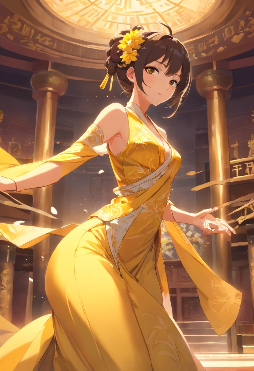 An ancient yellow concubine,Dressed in gorgeous costumes,Femme and moving,In a palace,Seductive
