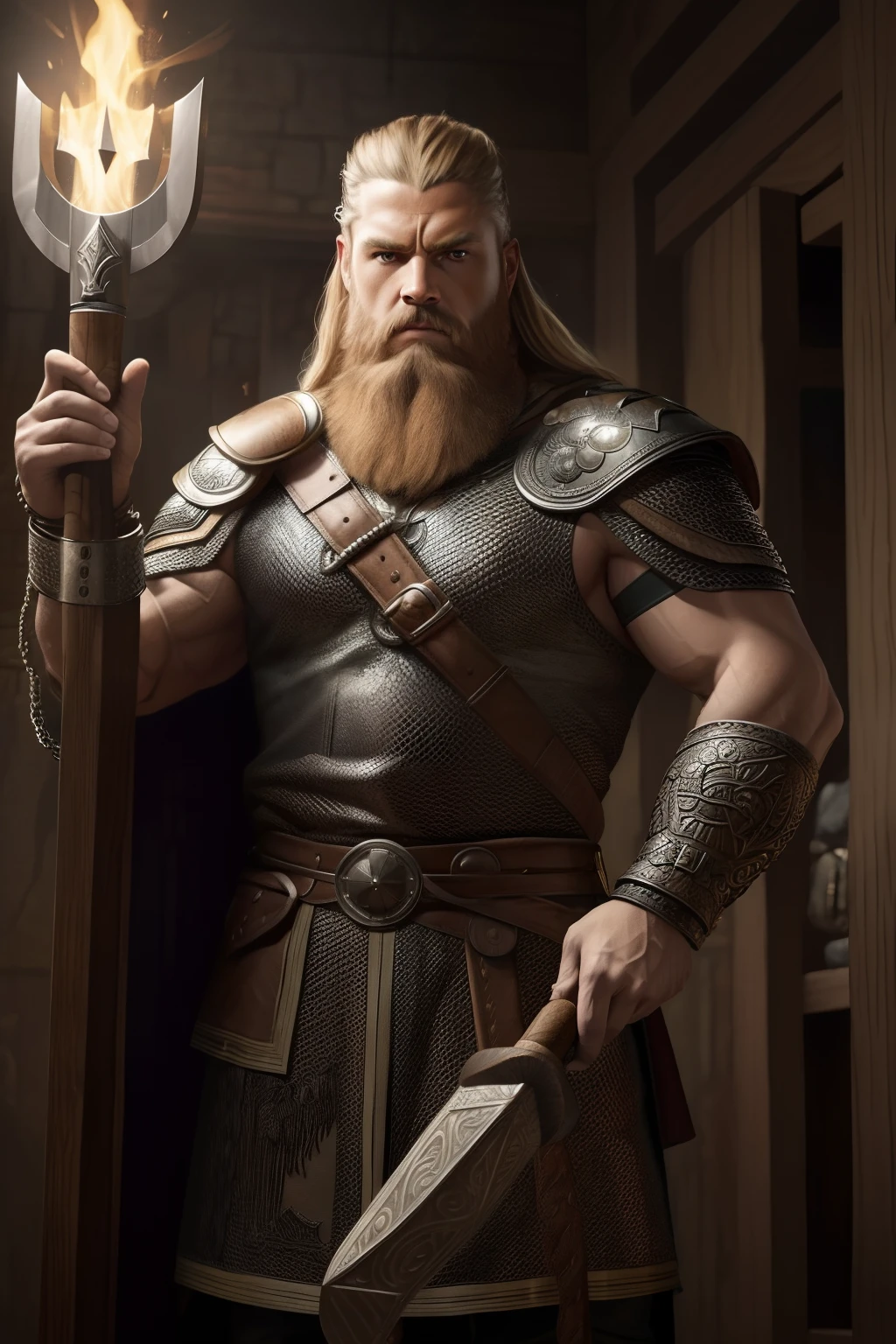 8k, best quality, master part, Ultra high resolution, (realismo: 1.4), foto original, (textura de pele realista: 1.3), (filmic grain: 1.3), (selfie angle),
Thor, The god of thunder and storms,1homem,longos cabelos e barba ruiva, olhos selvagens, porte robusto, manly, wearing a battle tunic coated with a chain mail and bear skin, holding his hammer Mjornir in one hand and in the other a horn carved with runes and extremely adorned where he drinks his mead, Thor, viking, detalhes do rosto, master part, best quality, Close-up, parte superior do corpo, Looking at the Viewer