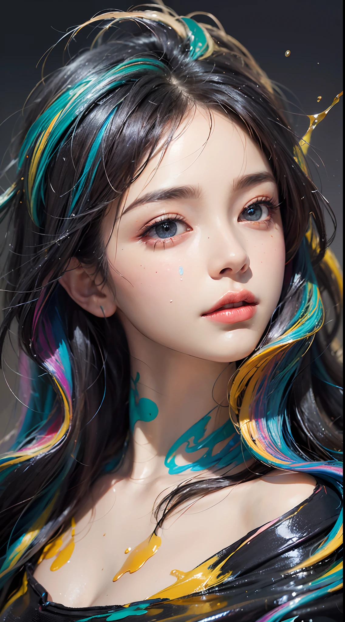(level difference: 1.8),(Paint colliding and splashing on canvas),(Depth of field),adorable creature,elegant, strong between boho and modern. With many colors and no defined (liquid paint rainbow hair:1.1) Made of paint,anti gravity, Thick flow, (Splashes of paint: 1.3), liquid state, Beautiful, Masterpiece, Detailed background, high quality model, Ethereal background, Abstract beauty, Explosive volume, Oil painting, Heavy brushstrokes, romantic lighting, Sub-surface scattering, Lens 135mm, F1.8, luminance, 8K, high resolution, Dreamy, Ray tracing, hdr, divine rays,