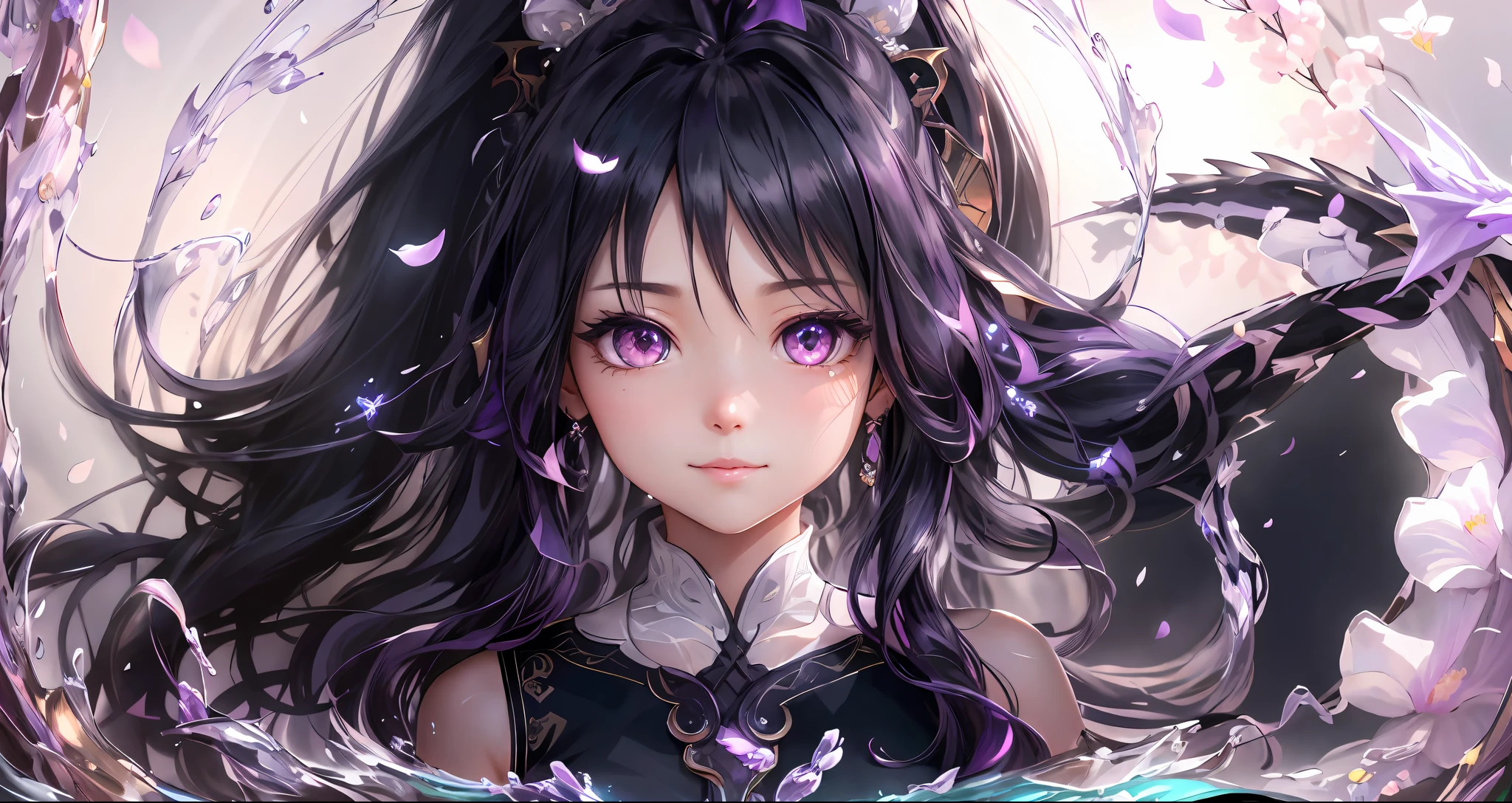 chibi,(extremely detailed CG unity 8k wallpaper),(masterpiece),(best quality),(ultra-detailed),(best illustration),(best shadow),(an extremely delicate and beautiful),dynamic angle,floating,finely detail,(bloom),(shine),glinting stars,classic,(painting),(sketch),a girl,(((dragon girl))),dragon horn,vertical pupil,solo,bare shoulders,medium_chest,diamond and glaring eyes,beautiful detailed joyful face,very long  black and purple hair,floating black feathers,wavy hair,long and high ponytail,extremely delicate and beautiful girls,beautiful detailed eyes,pink eyes,glowing eyes,sparkles,((petals)),dragon background,(((water))),glass fragments,white background