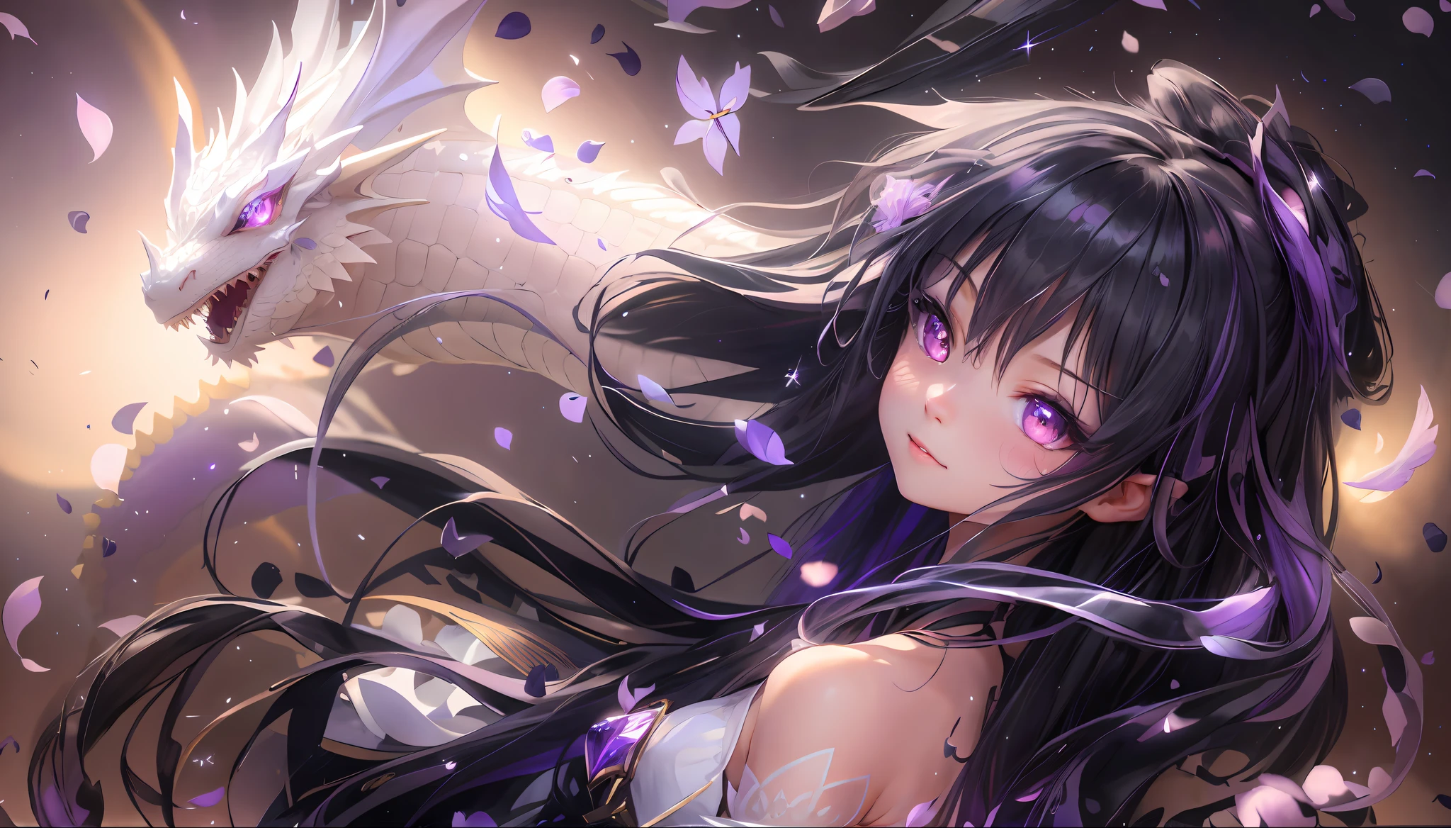 chibi,(extremely detailed CG unity 8k wallpaper),(masterpiece),(best quality),(ultra-detailed),(best illustration),(best shadow),(an extremely delicate and beautiful),dynamic angle,floating,finely detail,(bloom),(shine),glinting stars,classic,(painting),(sketch),a girl,(((dragon girl))),dragon horn,vertical pupil,solo,bare shoulders,medium_chest,diamond and glaring eyes,beautiful detailed joyful face,very long black and purple hair,floating black feathers,wavy hair,long and high ponytail,extremely delicate and beautiful girls,beautiful detailed eyes,pink eyes,glowing eyes,sparkles,((petals)),dragon background,(((water))),glass fragments,white background