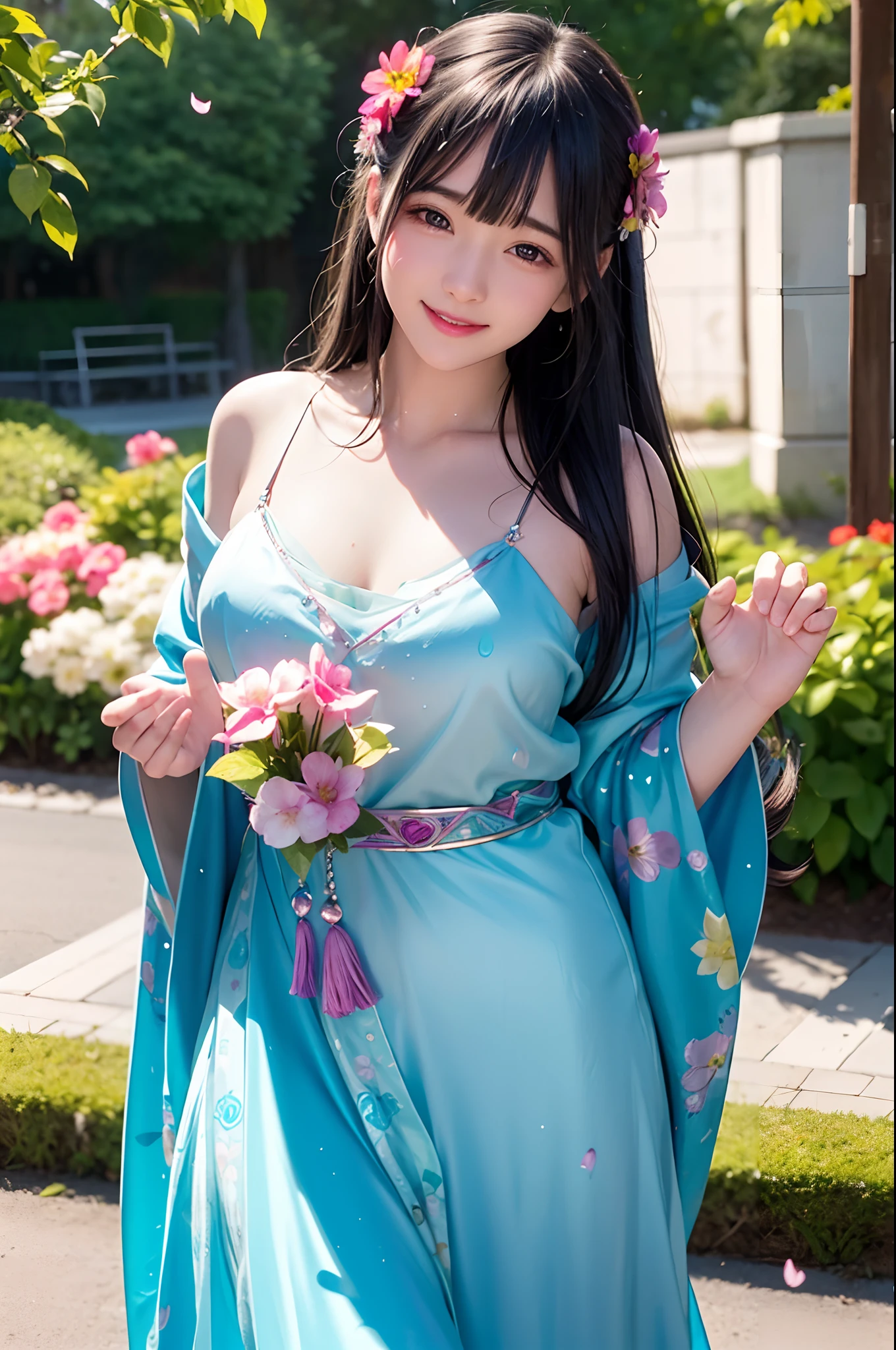 A beautiful and hot almost chubby mature woman.who is wearing a patterned short dress and is and standing in the resort. A smiling face、sexy woman、A radiant smile、adorable、race、Frills、Colorful design、Full-length mirror、An inviting gaze、Gorgeous long and beautiful hairstyle、variation Hairstyle、Open neck blouse、Alluring、Flower Garden、Sparkling、elegant princess、Full body description、１people。Front view