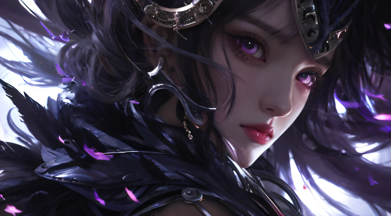 Purple-haired woman in dark dress holding a sword and purple scarf, concept-art | Art germ, liliana vess, Phlegm sputum, phlegm | Art germ, WLOP et Artgerm, by Yang J, artgerm julie bell beeple, artist artgerm i and wlop, painted in the style arcane,Hair blocks half of the eye --auto