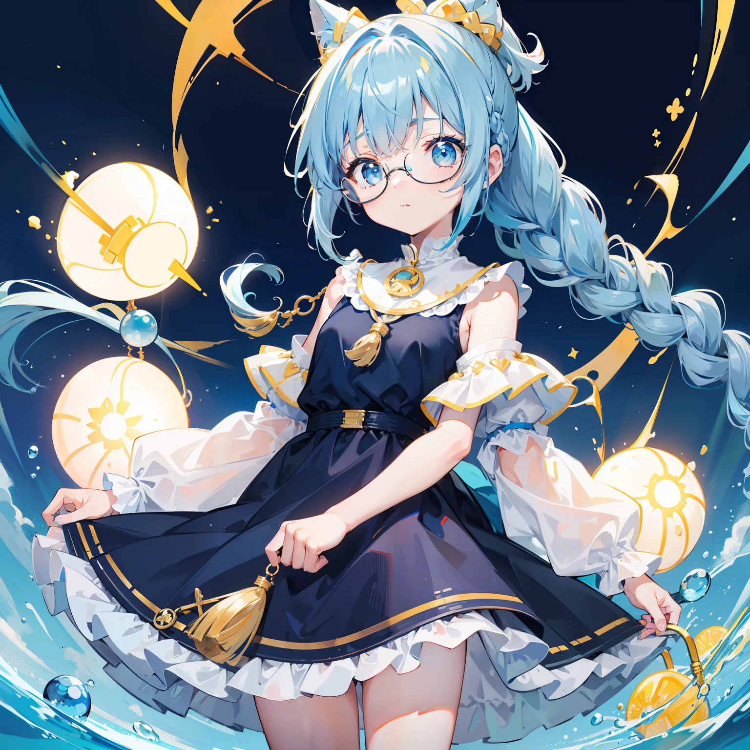 Light blue-gold bangs,With a small ponytail and a small braid,The body is petite and tender,Very ,Very small only,Black round glasses with thick frames,Red rope pendant,A children's dress with light yellow and blue