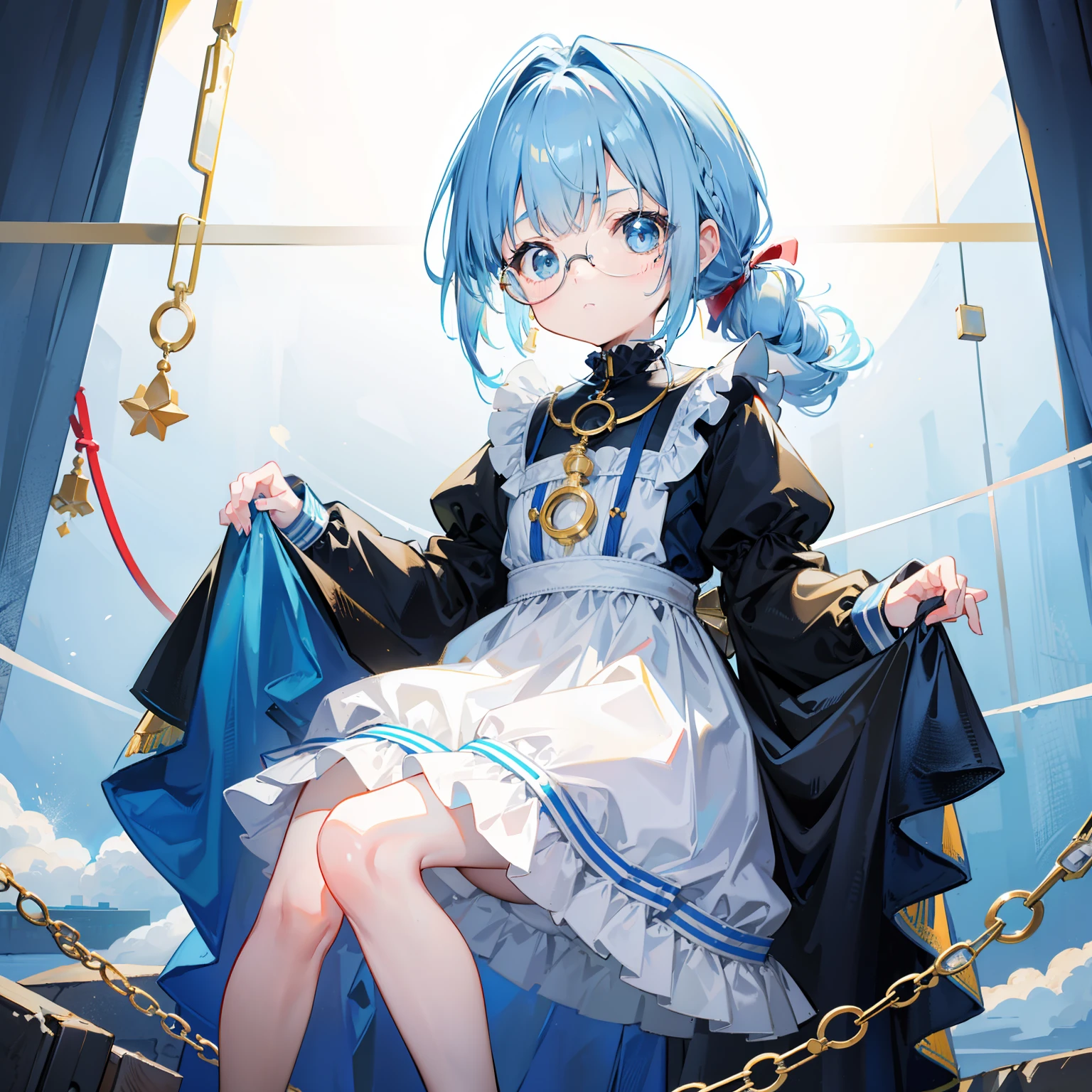 Light blue-gold bangs,With a small ponytail and a small braid,The body is petite and tender,Very loli,Very small only,Black round glasses with thick frames,Red rope pendant,A children's dress with light yellow and blue