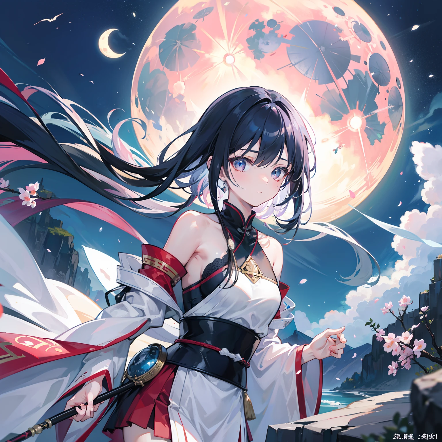 anime、Vibrant colors、Cool beauty、17 years old、Black Hair、Long Hair、Straight Hair、The bangs are cut above the eyebrows、Narrow eyes、Slanted Eyes、Bright eyes、Sparkling eyes、Large Breasts、Night Sky、Many Stars、Strong winds、Vivid Kimono、Hair ornament in the shape of the moon