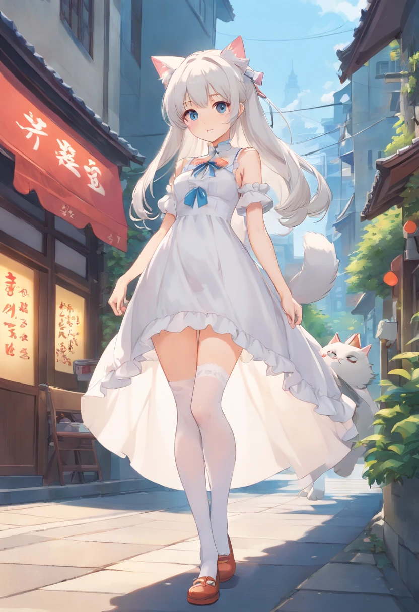 No shoes,Stand barefoot,Masterpiece,long whitr hair,extremely hyper,A giantess,In the city,Full limbs,Huge maiden,The face is delicate,White color hair,Double ponytail curls,blue color eyes,White Lolita,Long-range shots,white stockings,There are cat ears on the head, white dresses, silber hair, cute anime waifu in a nice dress, cute big breasts,Chopstick legs,Slender calves,Slender