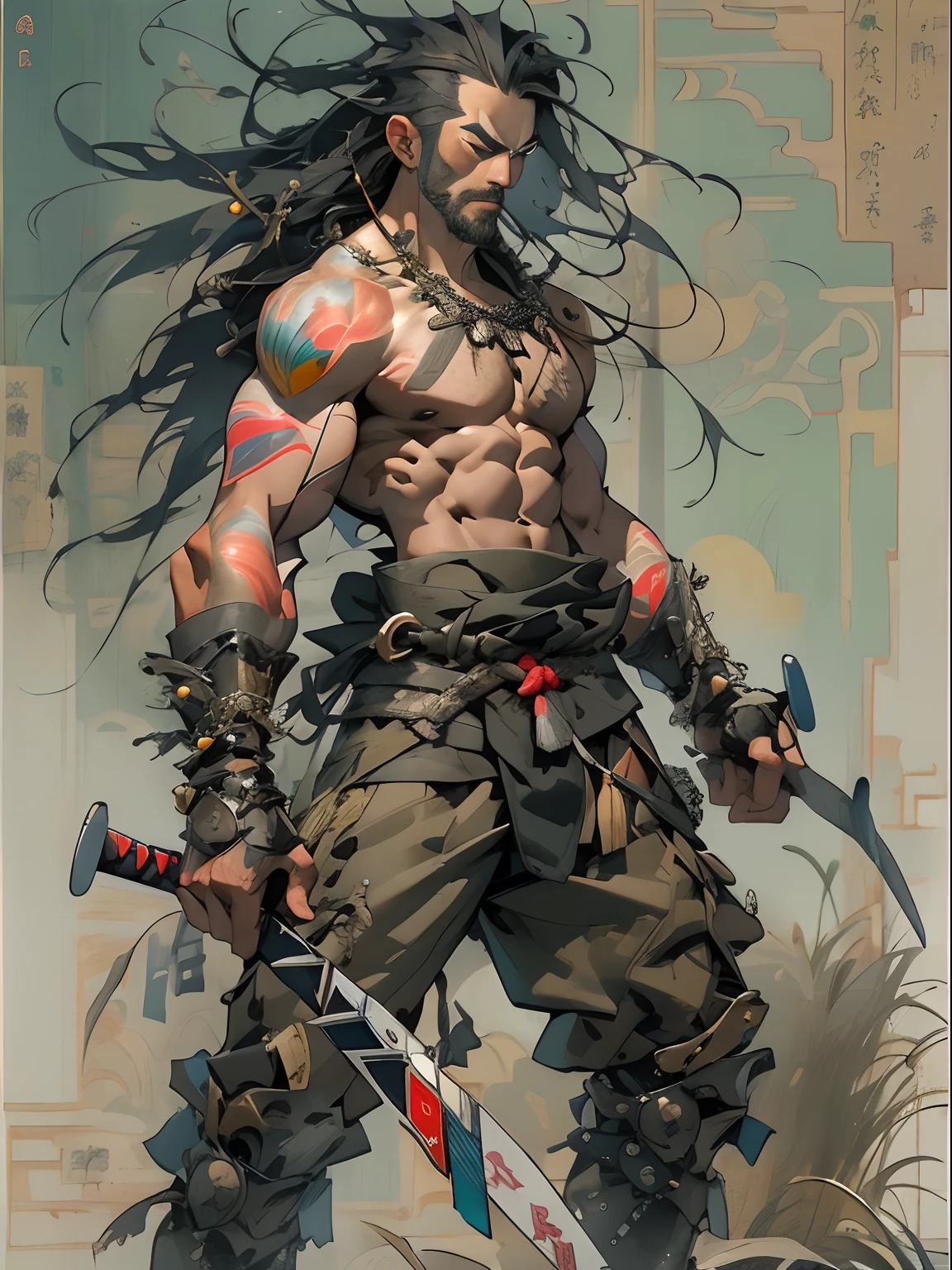 a drawing of a man with mustache and a sword, smoke of detailed bushido shape, dnd warrior character, warrior character design, complex fantasy character, viking warrior illustration, rpg character art, rpg character, video game character art, digital with ink, shadowrun character art, illustration of conan the barbarian, vector character illustration, Ukrainian flag in the background. --auto --s2