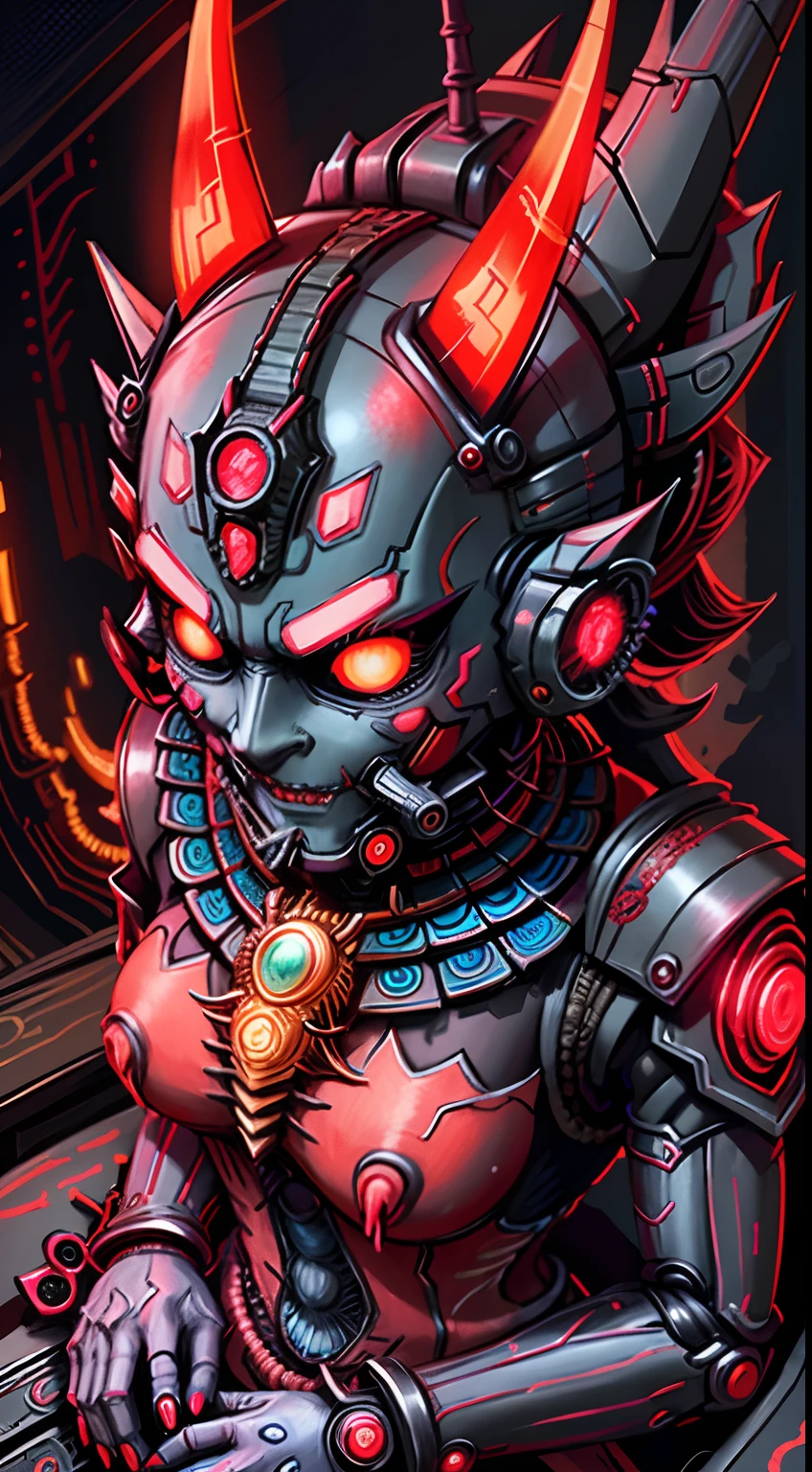 Portrait mask, Illustrator, masutepiece, High quality, 8K, High resolution, high detailing, Japan, (Prawaka: 1.2), Horror, Evil, Smile, front, close-up, Looking at the viewer, dark shadow. Neon Red 1 Mechanical Girl、((super realistic details))、portlate、globalillumination、Shadow、octan render、8K、ultrasharp、metals、Details of complex ornaments、cold color、Egyptian Detail、highly intricate detail、Realistic light、CGSoation Trends、radiant eyes、Facing the camera、neon details、Mechanical limbs、blood vessels connected to tubes、Mechanical vertebrae attached to the back、mechanical cervical attaching to neck、sitting on、Wires and cables connecting to the head