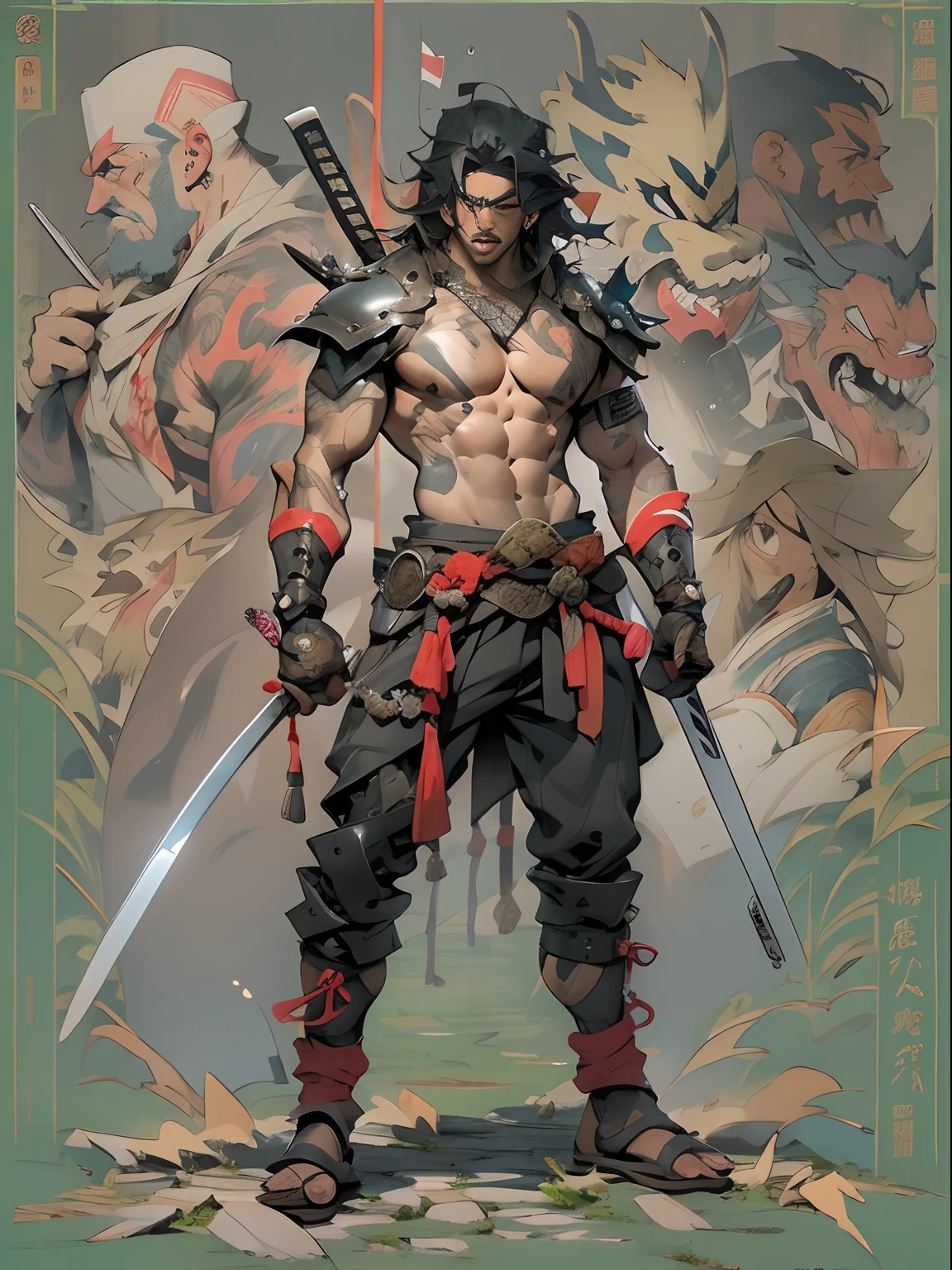 (((mtu))), (((best qualityer))), (((tmasterpiece))), (((AS-Adult))), ((( Japanese ))), Look up from your knees, Handsome Asian samurai,perfect body figure, Modern samurai, ((( Asian))), Wear gloves on your hands,The left arm is made of steel and metal tips,Made of protective devices, The eyes are pulled, (( Appears below the chest )), (( Small dental floss )), Simon Bisley, Almost naked(Simon Bisley)Castle City Wilderness,For high-resolution posters, hair straight, Minimum clothing, armure (Crazy clothes ), Full of tips and rivets, tribal tattoos, (((full bodyesbian))), Straight brunette hair,Colored hair ends