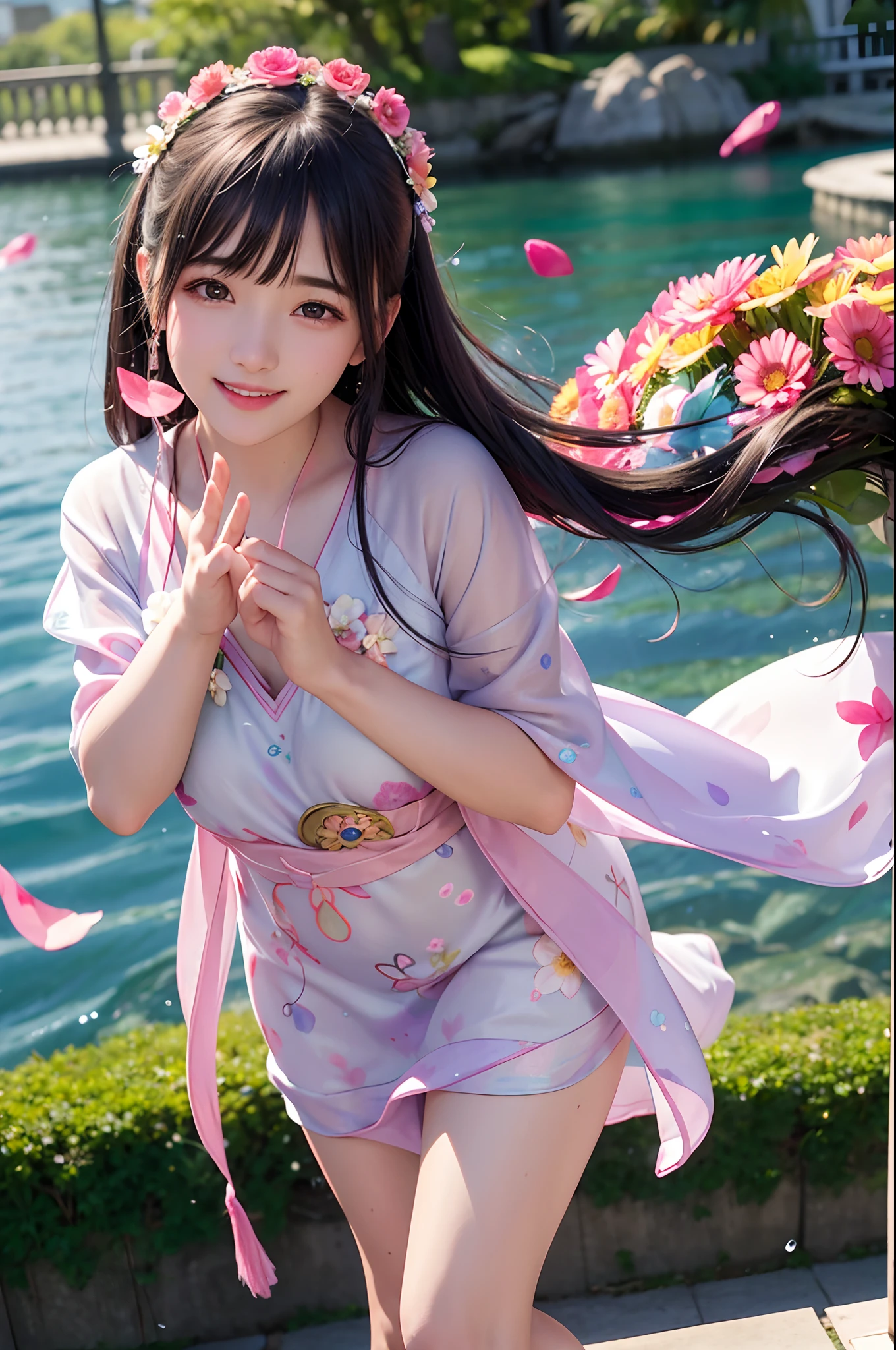 photoRealstic、Stand in front of the photo、A smile、Water droplets on the cheeks、In a cute pose、Flowing iridescent silk、up of face、Eye Up、Colorcon with heart pattern、Floral dress、Making a heart with both hands、There are also flowers in the foreground、flower petals、season!!: 夏天☀ 🍂