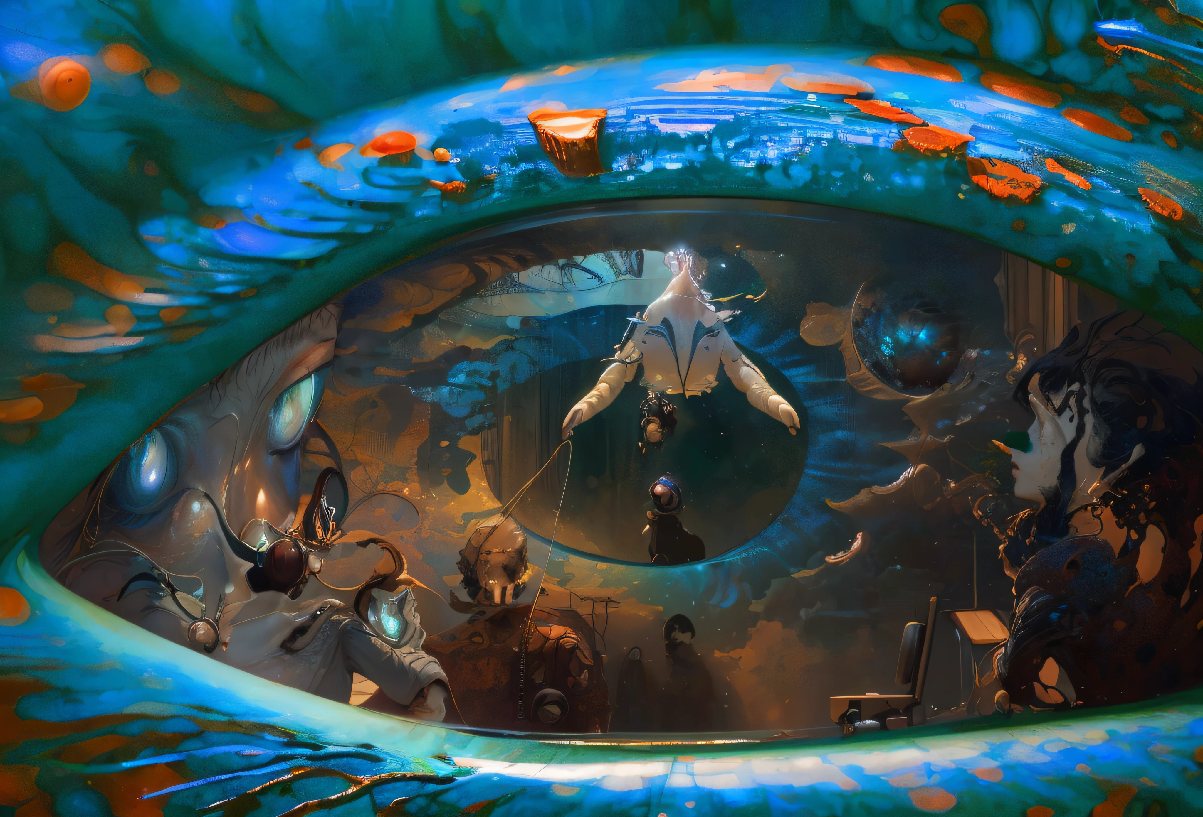 there is a close up of a picture of a person in a mirror, beeple and jean giraud, cyril rolando and m.w kaluta, cyril rolando and m. w kaluta, moody strange cinematography, surreal concept art, surrealistic digital artwork, beeple and alphonse mucha, digital visionary art, by Aleksander Gierymski