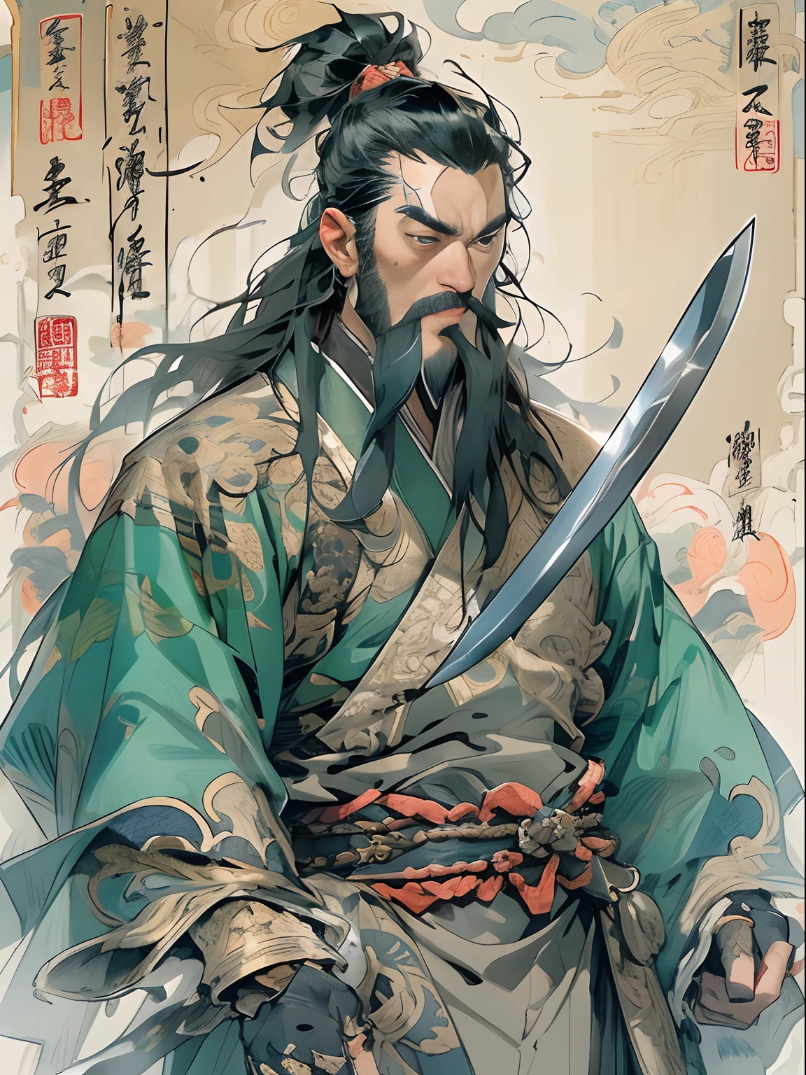 (((China-style,Ink painting method,Half-length portrait,Intense color,Han dynasty, China,Hanfu,Armor,Guan yu,Guan Yunchang,of a guy,Ruddy killing square face,Hold the Blue Dragon Moon Knife in his right hand,Stroke your beard with your left hand,Long hair,petty eyes,Green robe))), (((best qualityer))), (((tmasterpiece))), (((AS-Adult))), ((( Japanese ))), Look up from your knees, Handsome Asian samurai,perfect body figure, Modern samurai, ((( Asian))), Wear gloves on your hands,The left arm is made of steel and metal tips,Made of protective devices, The eyes are pulled, (( Appears below the chest )), (( Small dental floss )), Simon Bisley, Almost naked(Simon Bisley)Castle City Wilderness,For high-resolution posters, hair straight, Minimum clothing, armure (Crazy clothes ), Full of tips and rivets, tribal tattoos, (((full bodyesbian))), Straight brunette hair,Colored hair ends