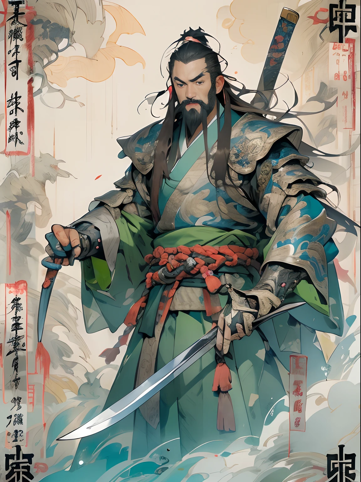 (((China-style，Ink painting method，Half-length portrait，Intense color，Han dynasty, China，Hanfu，Armor，Guan yu，Guan Yunchang，of a guy，Ruddy killing square face，Hold the Blue Dragon Moon Knife in his right hand，Stroke your beard with your left hand，Long hair，petty eyes，Green robe))), (((best qualityer))), (((tmasterpiece))), (((AS-Adult))), ((( Japanese ))), Look up from your knees, Handsome Asian samurai，perfect body figure, Modern samurai, ((( Asian))), Wear gloves on your hands，The left arm is made of steel and metal tips，Made of protective devices, The eyes are pulled, (( Appears below the chest )), (( Small dental floss )), Simon Bisley, Almost naked（Simon Bisley）Castle City Wilderness，For high-resolution posters, hair straight, Minimum clothing, armure (Crazy clothes ), Full of tips and rivets, tribal tattoos, (((full bodyesbian))), Straight brunette hair，Colored hair ends