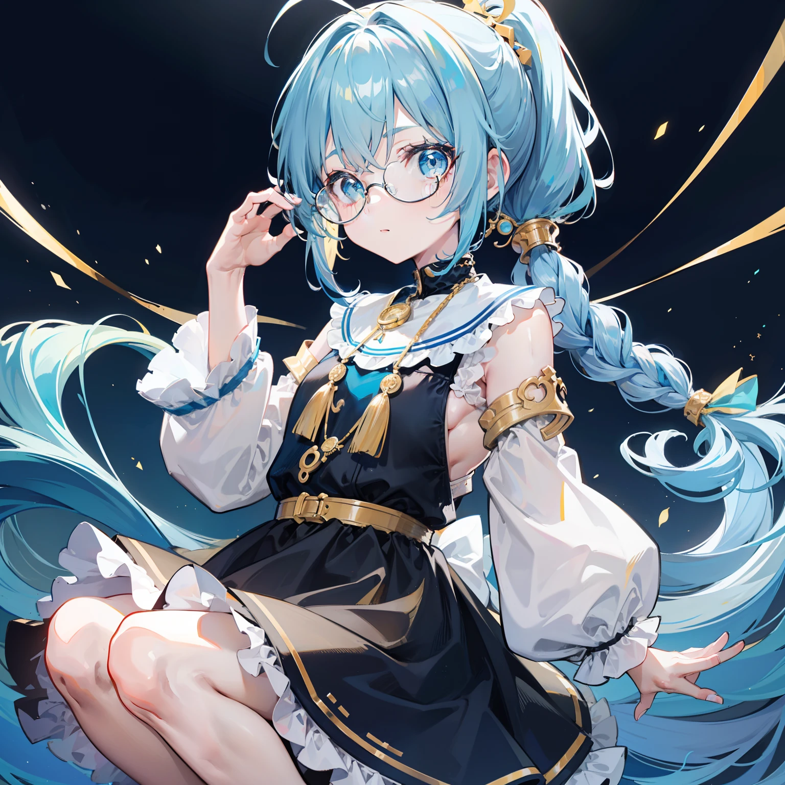 Light blue-gold bangs，With a small ponytail and a small braid，The body is petite and tender，Very loli，Very small only，Black round glasses with thick frames，Red rope pendant，A children's dress with light yellow and blue