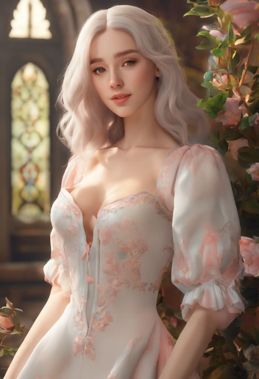 Masterpiece, Highest quality, (solofocus), (Perfect face:1.1), (High detail:1.1), (hyper detail eyes), Dramatic, One has pale skin,A guy with white hair, White eyes, Solo, Long hair, pouty lips, fur, Arrogant expression, Rose garden, Detailed background, Art germ, Cinematic lighting, stocklings,