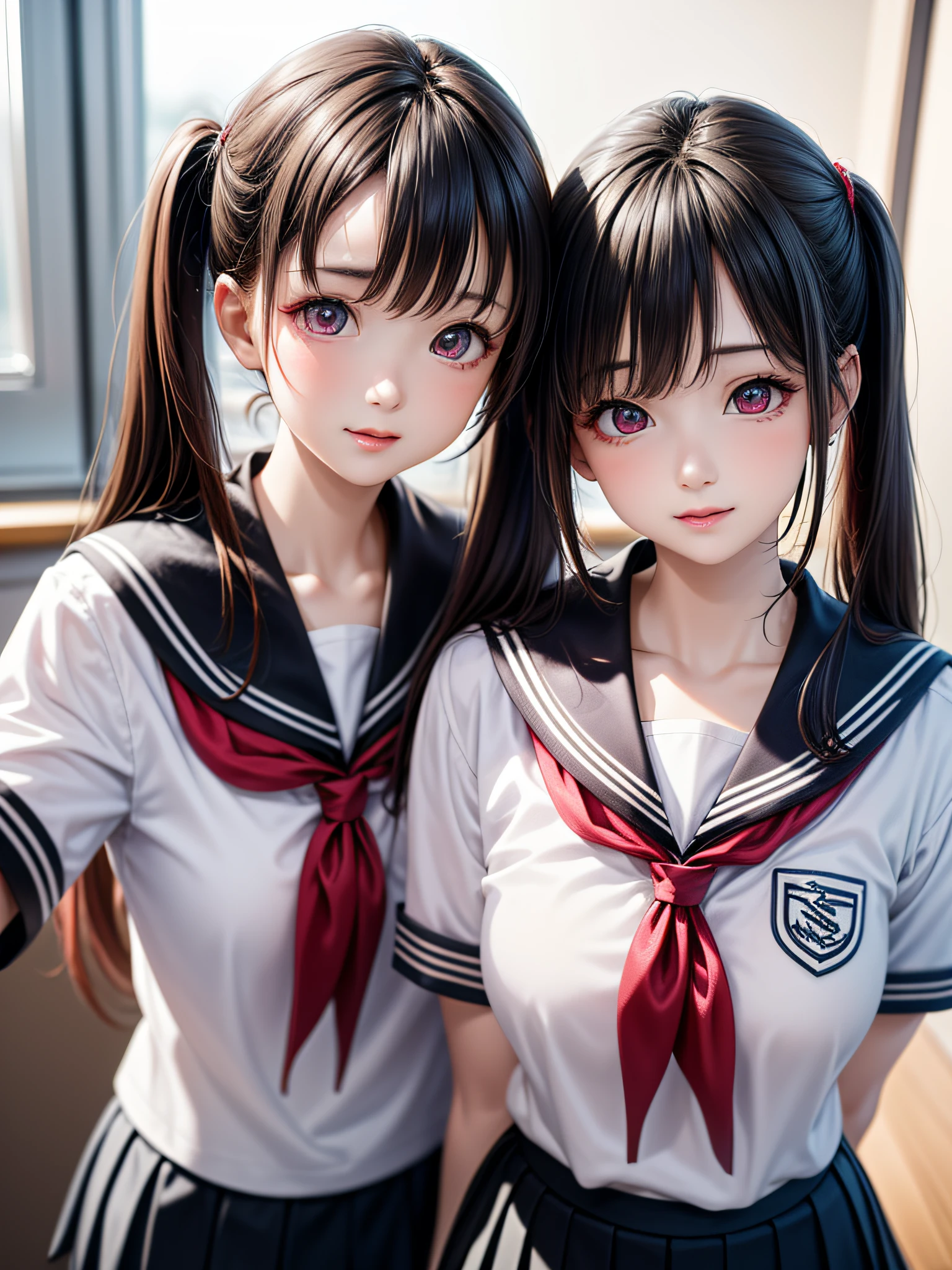 ((2girls)), ((Best Quality)), (Ultra-detailed), (extremely detailed CG unified 8k wallpaper), Highly detailed, High-definition raw color photos, Professional Photography, (Twintails), Brown hair, Amazing face and eyes, Pink eyes, (amazingly beautiful girl), (hi-school uniform, pleated mini skirt:1.3),