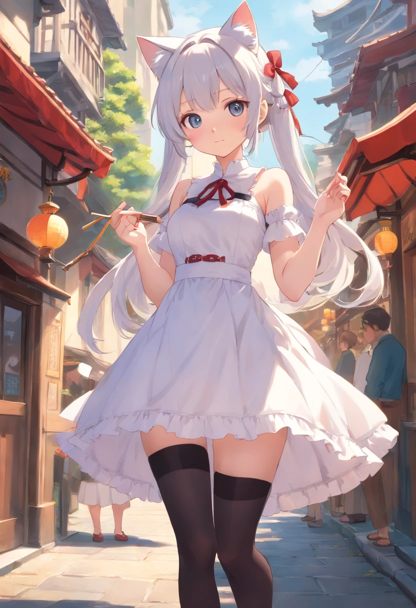 No shoes，Stand barefoot，Masterpiece，long whitr hair，extremely hyper，A giantess，In the city，Full limbs，Huge maiden，The face is delicate，White color hair，Double ponytail curls，blue color eyes，White ta，Long-range shots，black lence stockings，There are cat ears on the head, white dresses， silber hair, cute anime waifu in a nice dress, cute big breasts,Chopstick legs，Slender calves，Slender，Big breasts