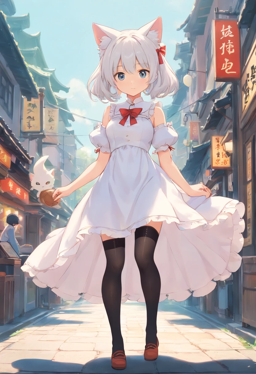 No shoes，Stand barefoot，Masterpiece，long whitr hair，extremely hyper，A giantess，In the city，Full limbs，Huge maiden，The face is delicate，White color hair，Double ponytail curls，blue color eyes，White Lolita，Long-range shots，black lence stockings，There are cat ears on the head, white dresses， silber hair, cute anime waifu in a nice dress, cute big breasts,Chopstick legs，Slender calves，Slender，Big breasts