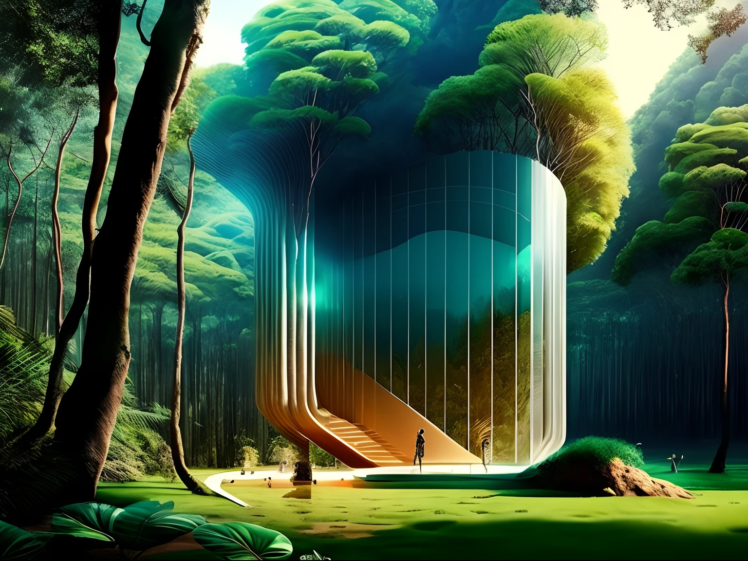 There is a man standing in a doorway in the middle of a forest - SeaArt AI