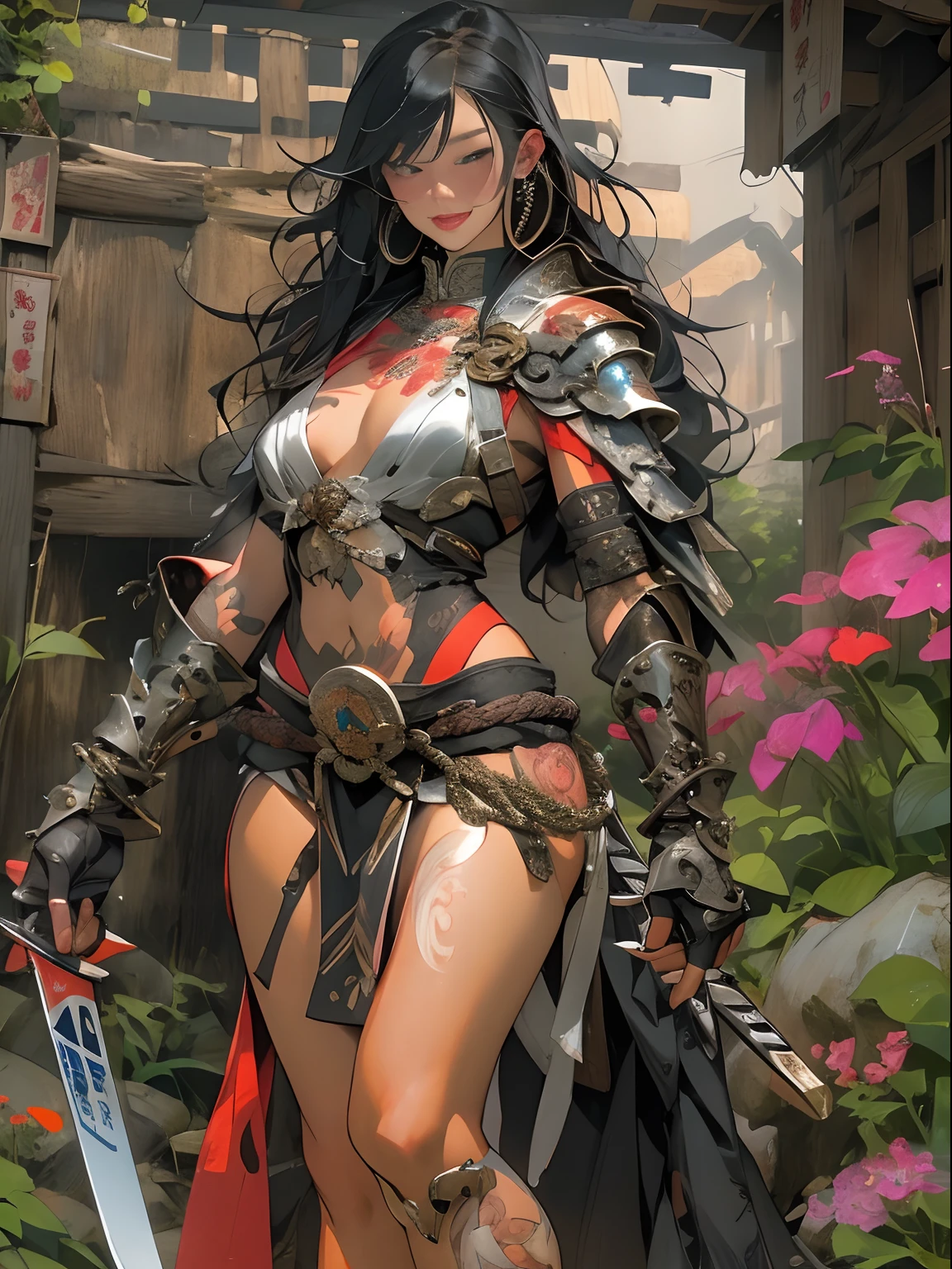 (((woman))), (((best qualityer))), (((tmasterpiece))), (((AS-Adult))), ((( Japanese ))), Look up from your knees, A beautiful asian samurai woman with perfect body, Modern samurai, ((( Asian))), Wear gloves on your hands,The left arm is made of steel and metal tips,Made of protective devices, The eyes are pulled, (( Appears below the breast )), (( Small dental floss )), Simon Bisley, Almost naked(Simon Bisley)Castle City Wilderness,For high-resolution posters, hair straight, Minimum clothing, armure (Crazy clothes ), Full of tips and rivets, tribal tattoos, (((full bodyesbian))), Straight brunette hair,Colored hair ends